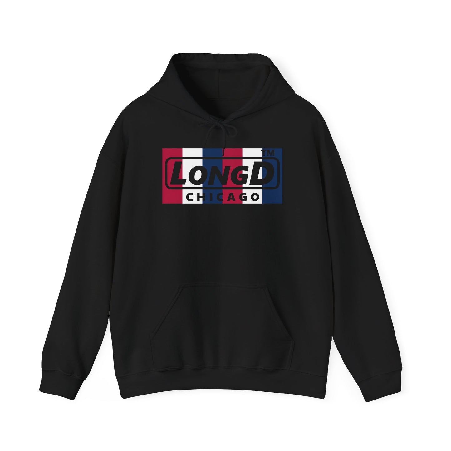 LongD® negative vertical 6-striped Chicago logo hoodie (patriotic colors)