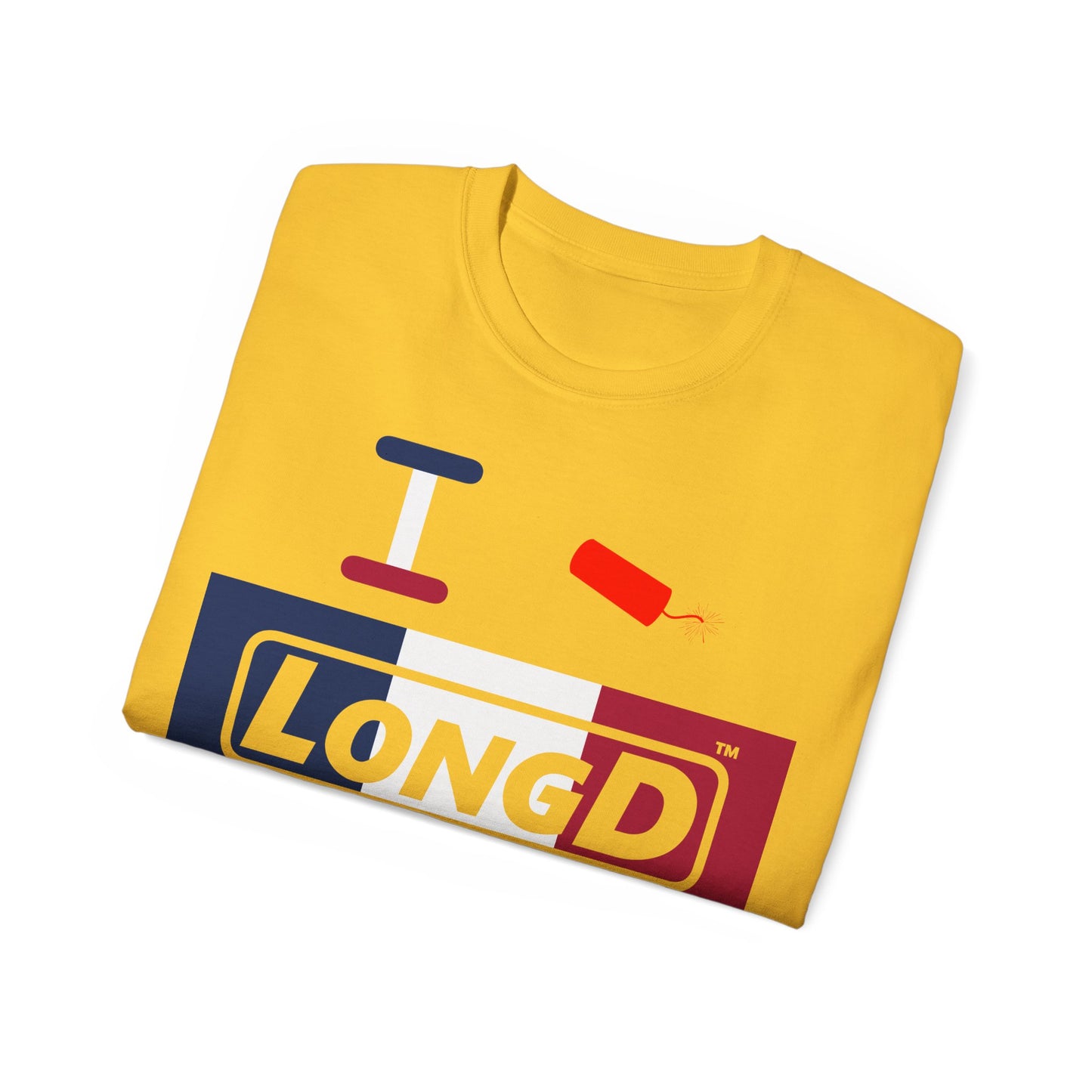 I Firecracker LongD® Logo Cotton Tee Blue, White and Red negative thirds text