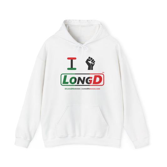 I Fist LongD® Logo Hoodie with Juneteenth black fist positive thirds text
