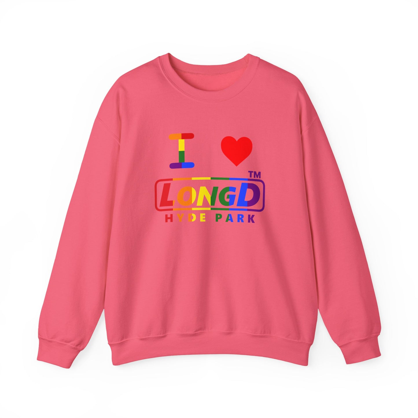 I Luv LongD positive vertical striped Hyde Park logo crewneck sweatshirt (Pride colors)