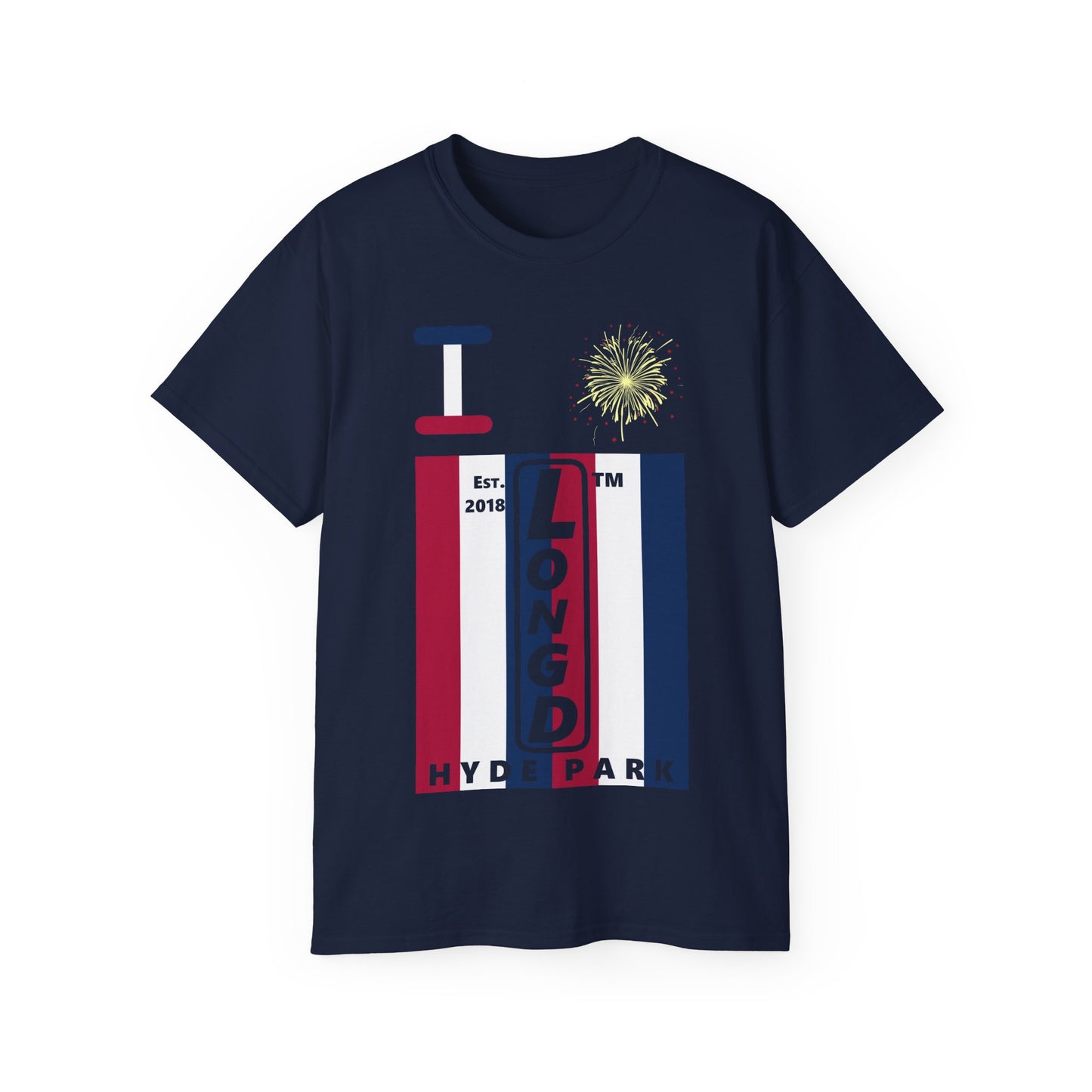 I Burst LongD cotton tee negative vertical 6-striped Hyde Park upright logo (Patriotic colors)