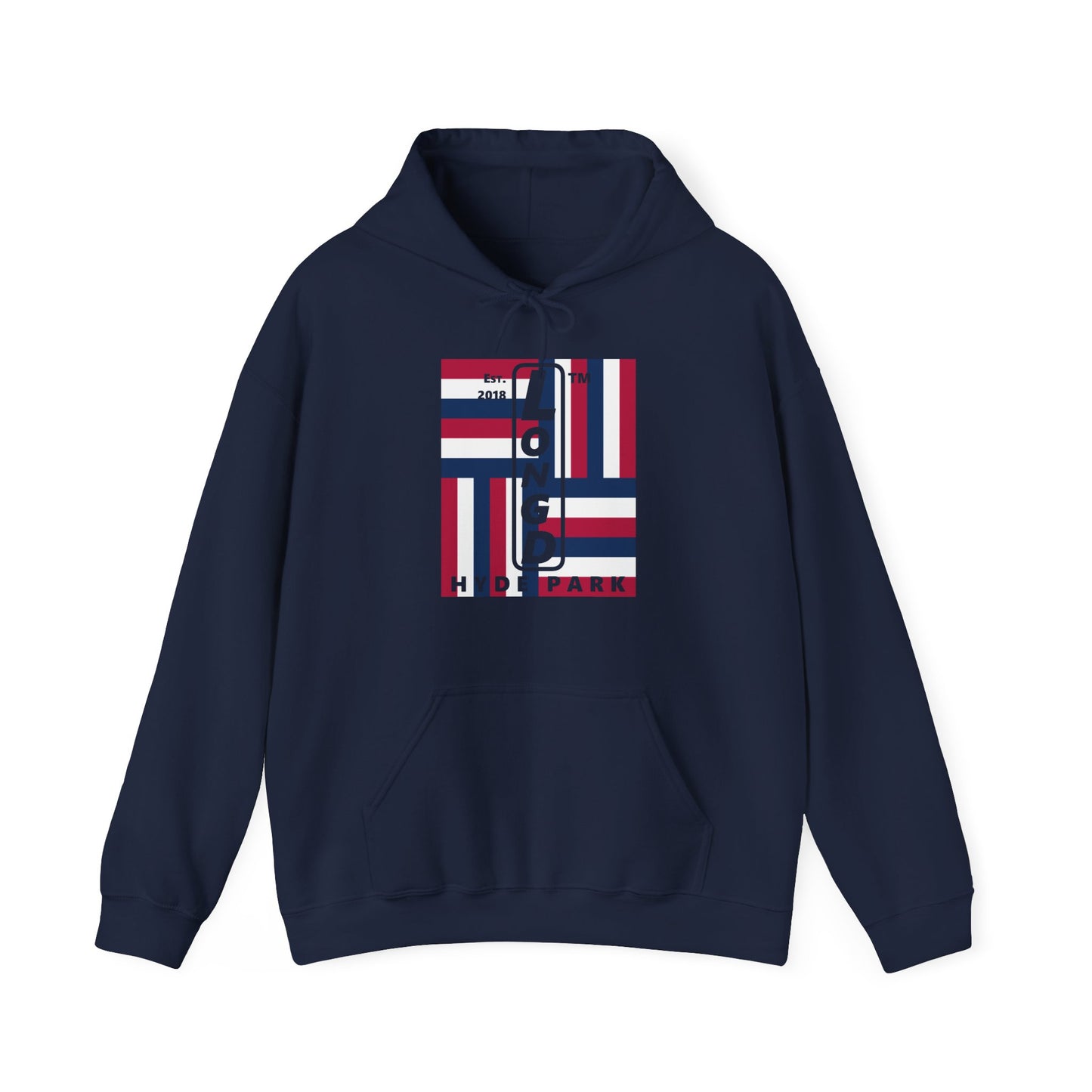 LongD® negative windmill upright Hyde Park logo hoodie (Patriotic colors)