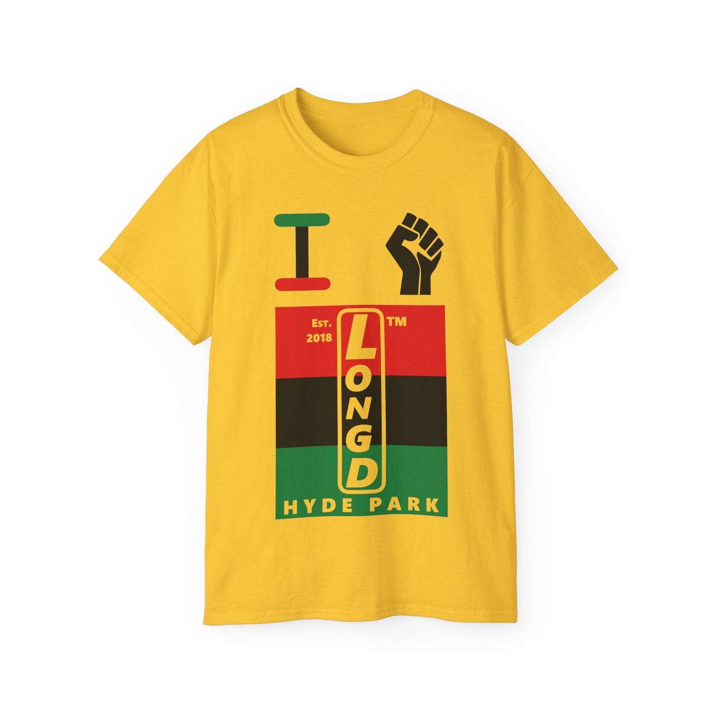 I fist LongD Cotton Tee negative horizontal striped Hyde Park upright logo (Juneteenth colors)
