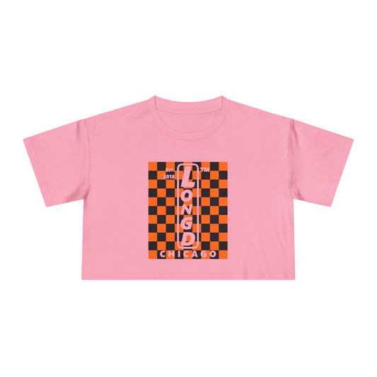 LongD Chicago negative upright checkered logo (Halloween colors) crop tee