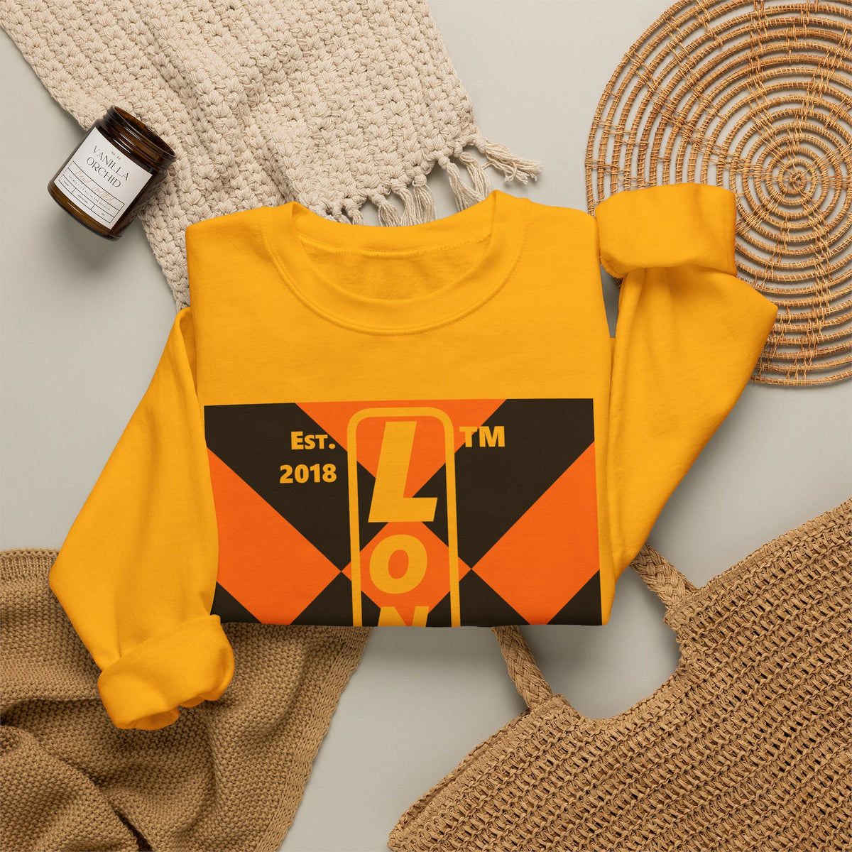 LongD Hyde Park negative upright mixed argyle logo (Halloween colors) crewneck sweatshirt
