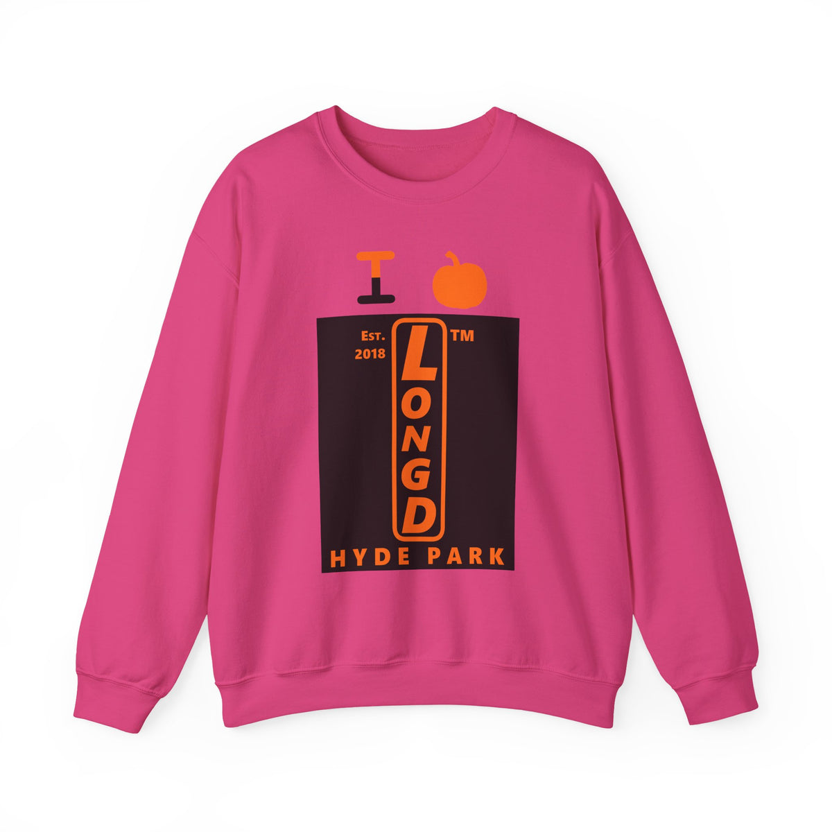 I pumpkin LongD Hyde Park upright logo positive orange on negative black crewneck sweatshirt