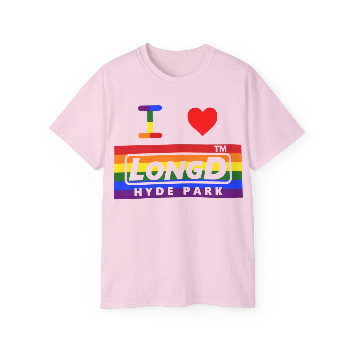 I Luv LongD negative horizontal striped Hyde Park logo cotton tee (Pride colors)
