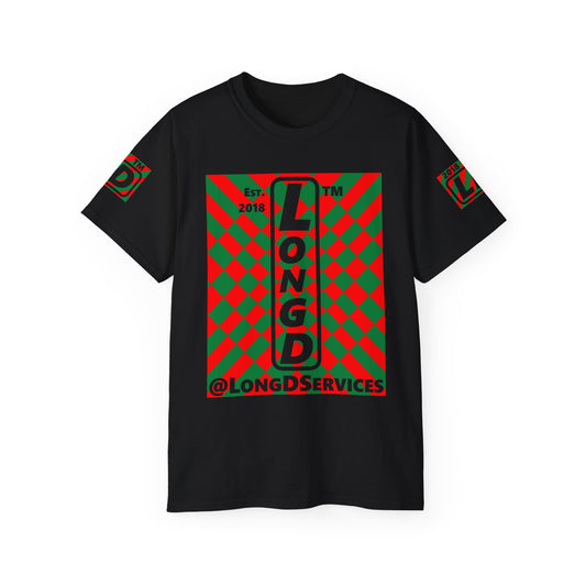LongD Tag negative upright stylized argyle 4-print logo (Xmas colors) cotton tee
