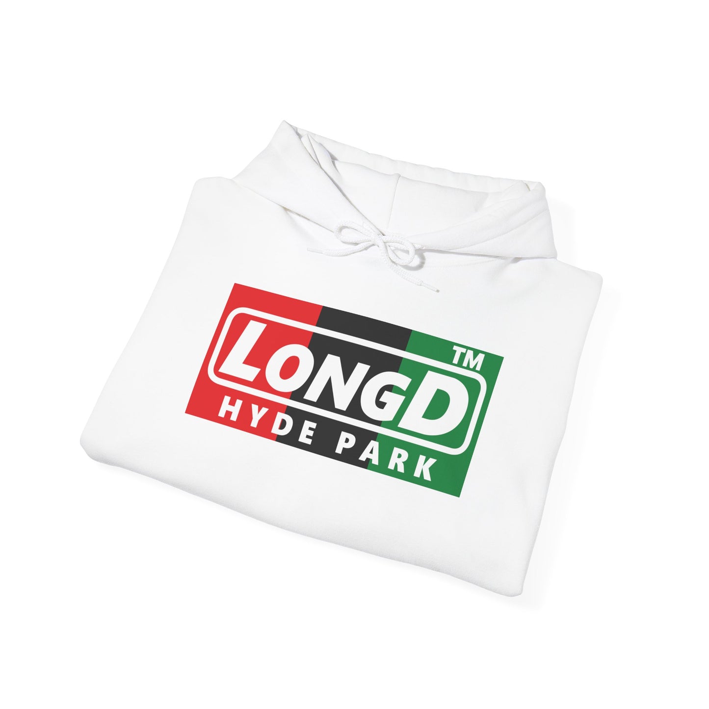 LongD® negative vertical 3-striped Hyde Park logo Hoodie (Juneteenth colors)