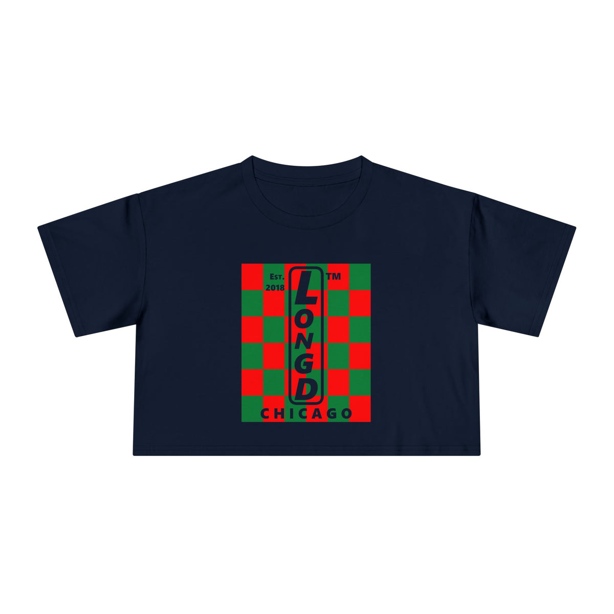 LongD Chicago negative upright checkered front-back logo (Xmas colors) crop tee