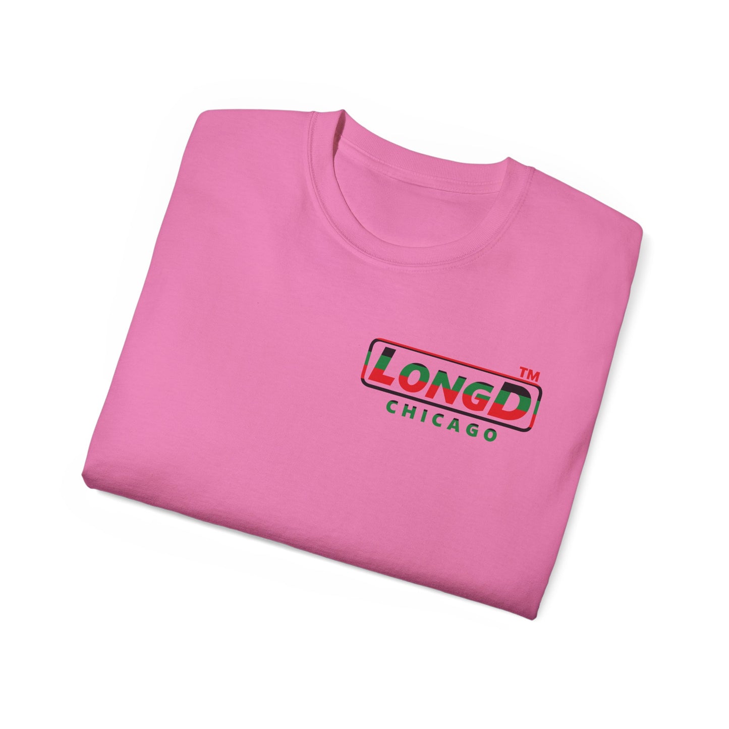 LongD positive horizontal 6-striped Chicago logo single-breasted front-back cotton tee (Juneteenth colors)