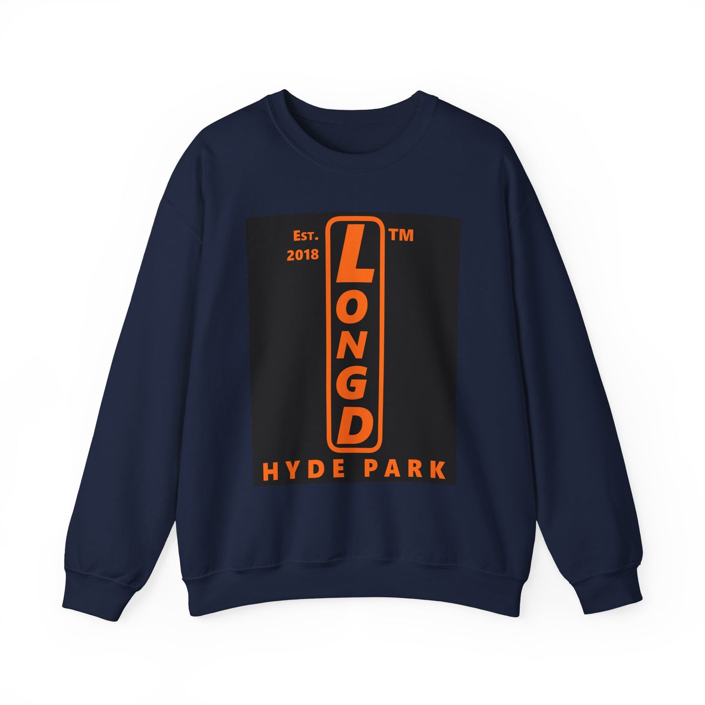 LongD Hyde Park upright front-back logo orange (FE7518) on Black (000000) crewneck sweatshirt