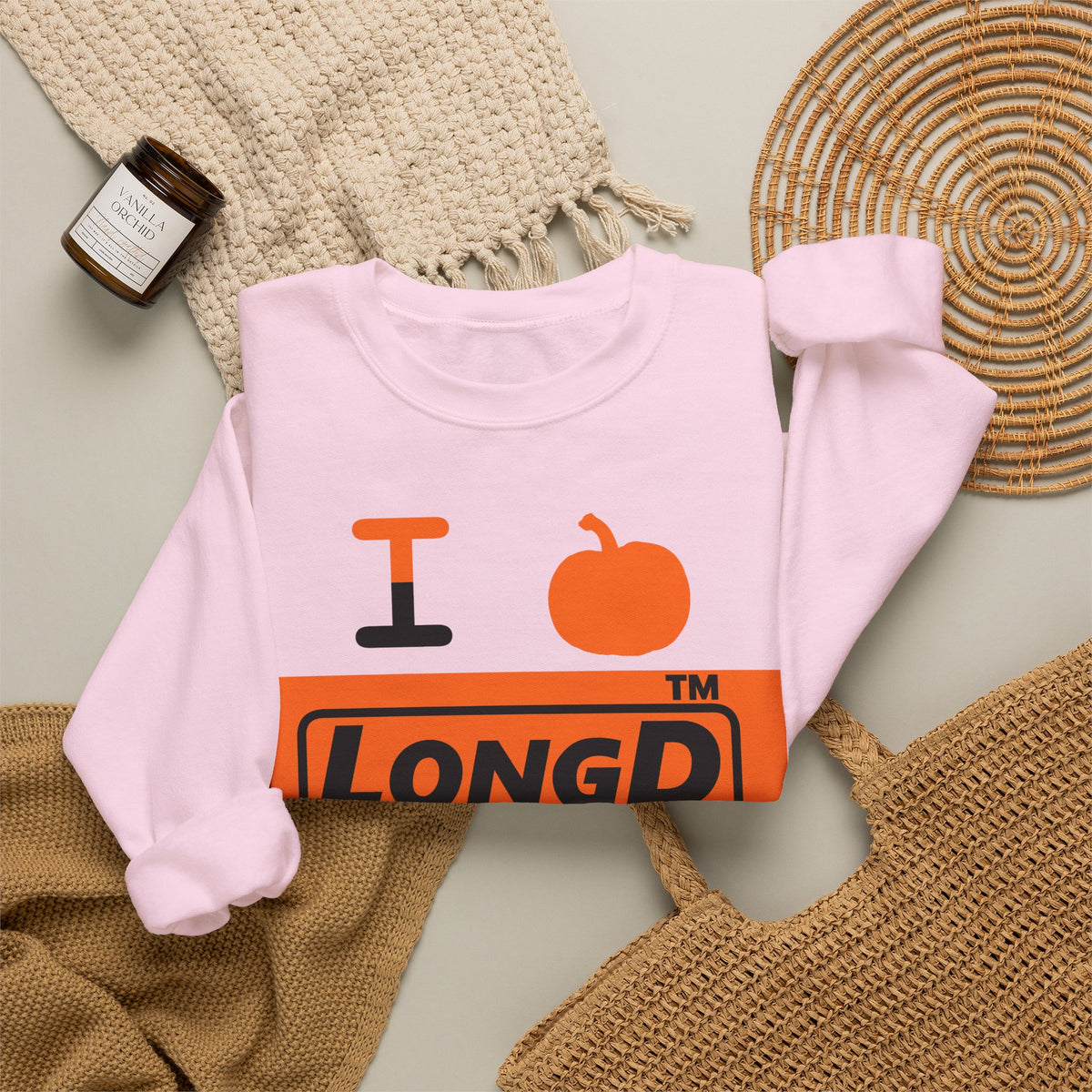 I pumpkin LongD Tag-domain logo positive black on negative orange crewneck sweatshirt