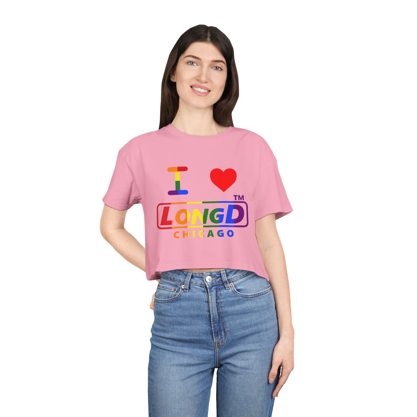 I Luv LongD positive vertical 6-striped Chicago logo crop tee (Pride colors)