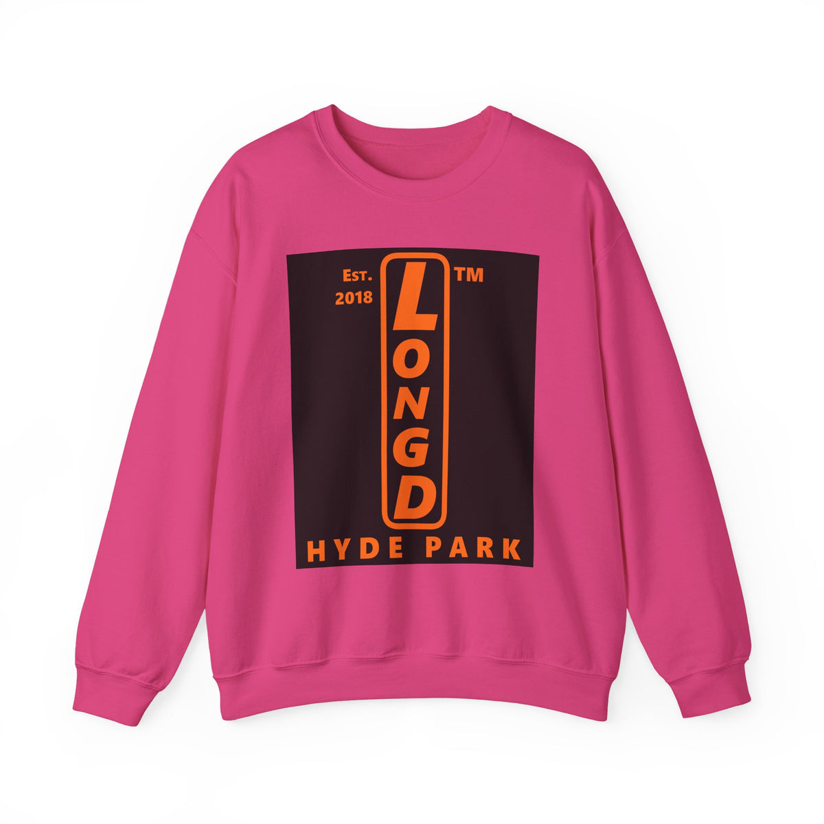 LongD Hyde Park upright logo orange (FE7518) on Black (000000) (Halloween colors) crewneck sweatshirt