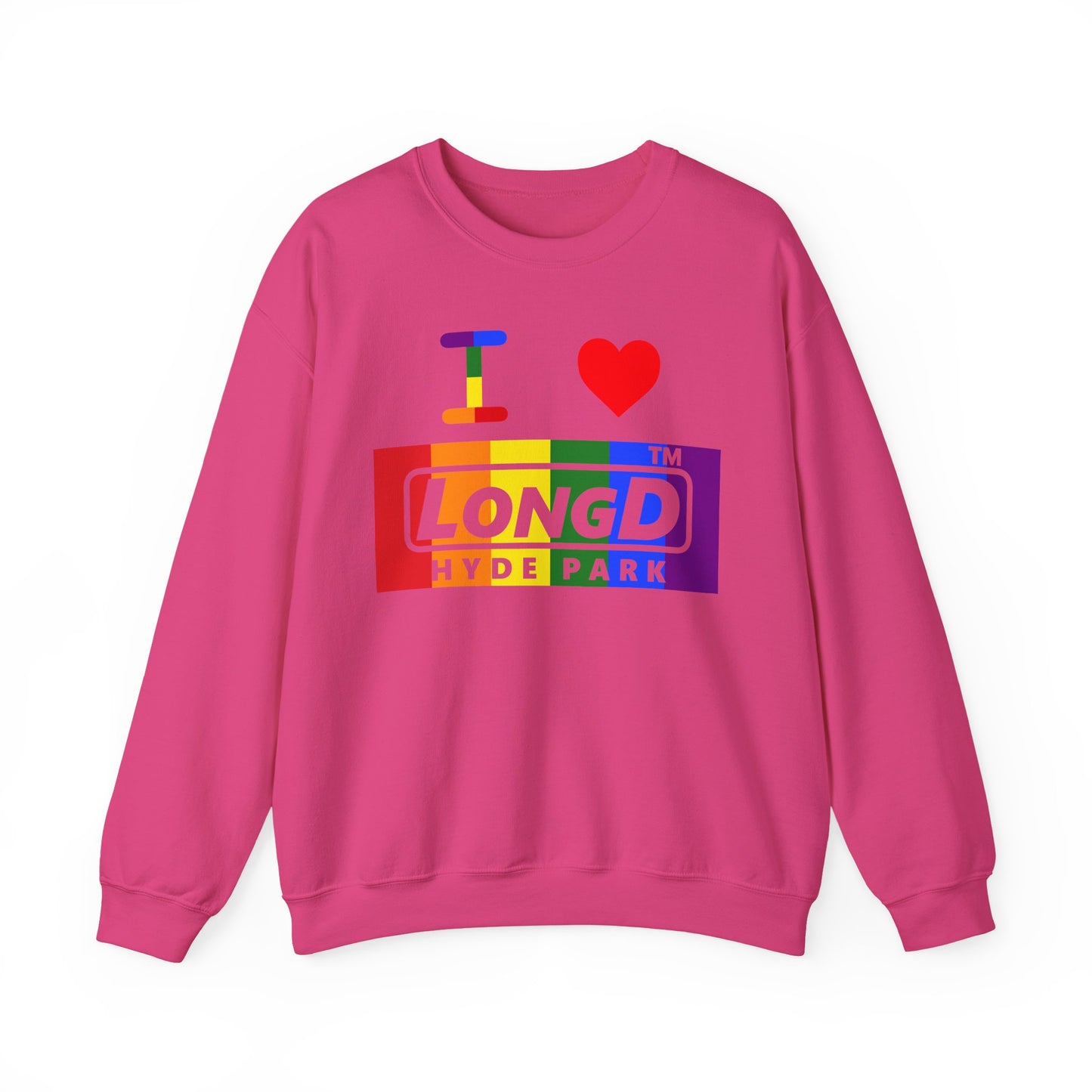 I Luv LongD negative vertical striped Hyde Park logo crewneck sweatshirt (Pride colors)