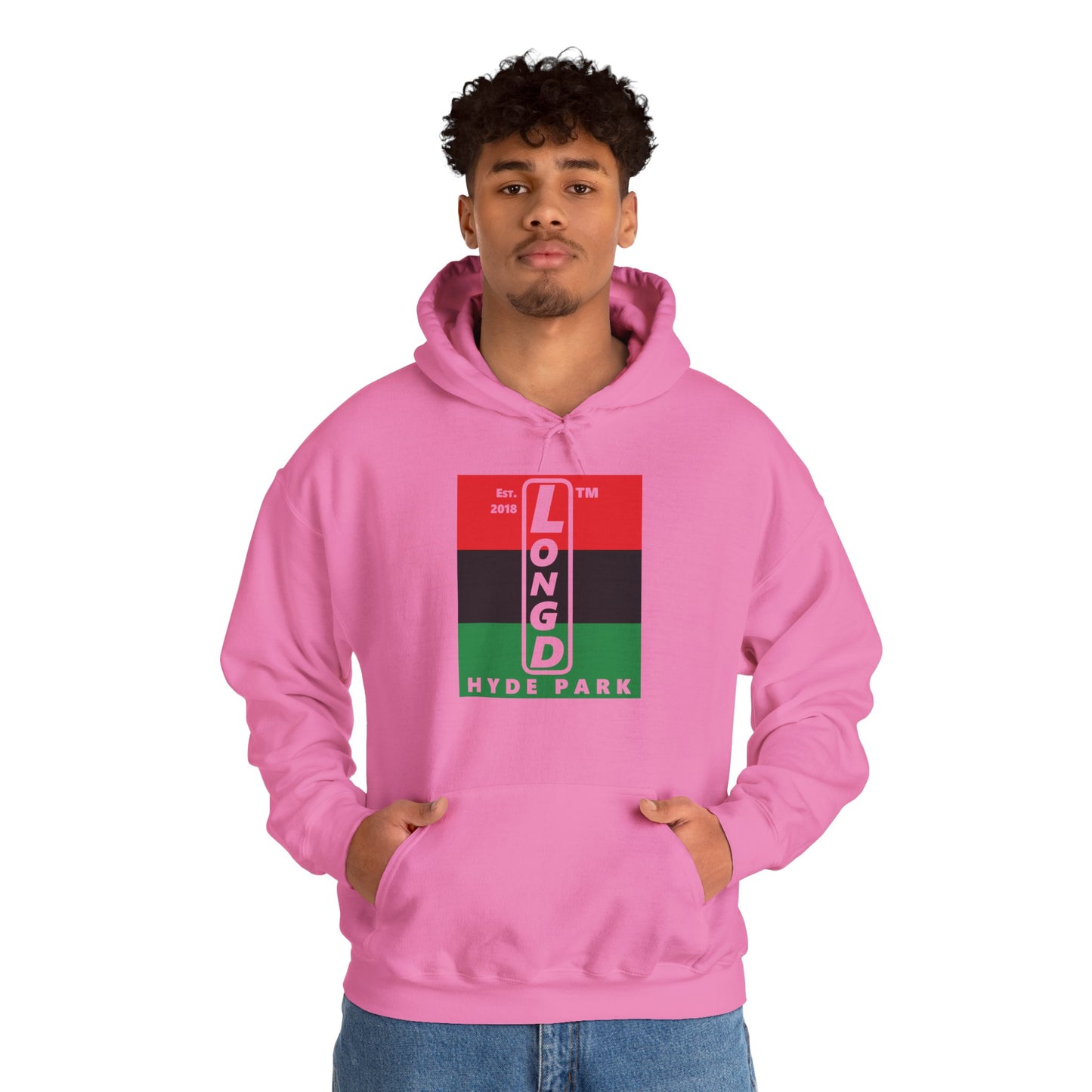 LongD® negative horizontal 3-striped upright Hyde Park logo hoodie (Juneteenth colors)