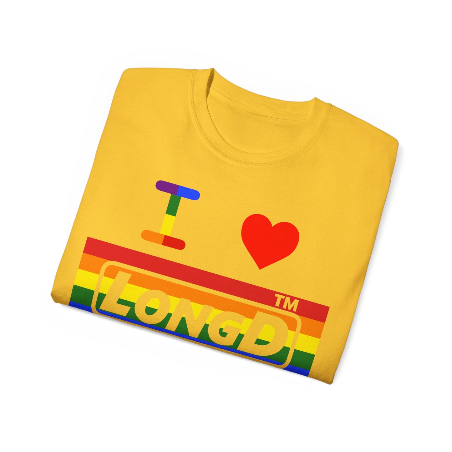 I Luv LongD negative horizontal striped front-back Chicago logo cotton tee (Pride colors)