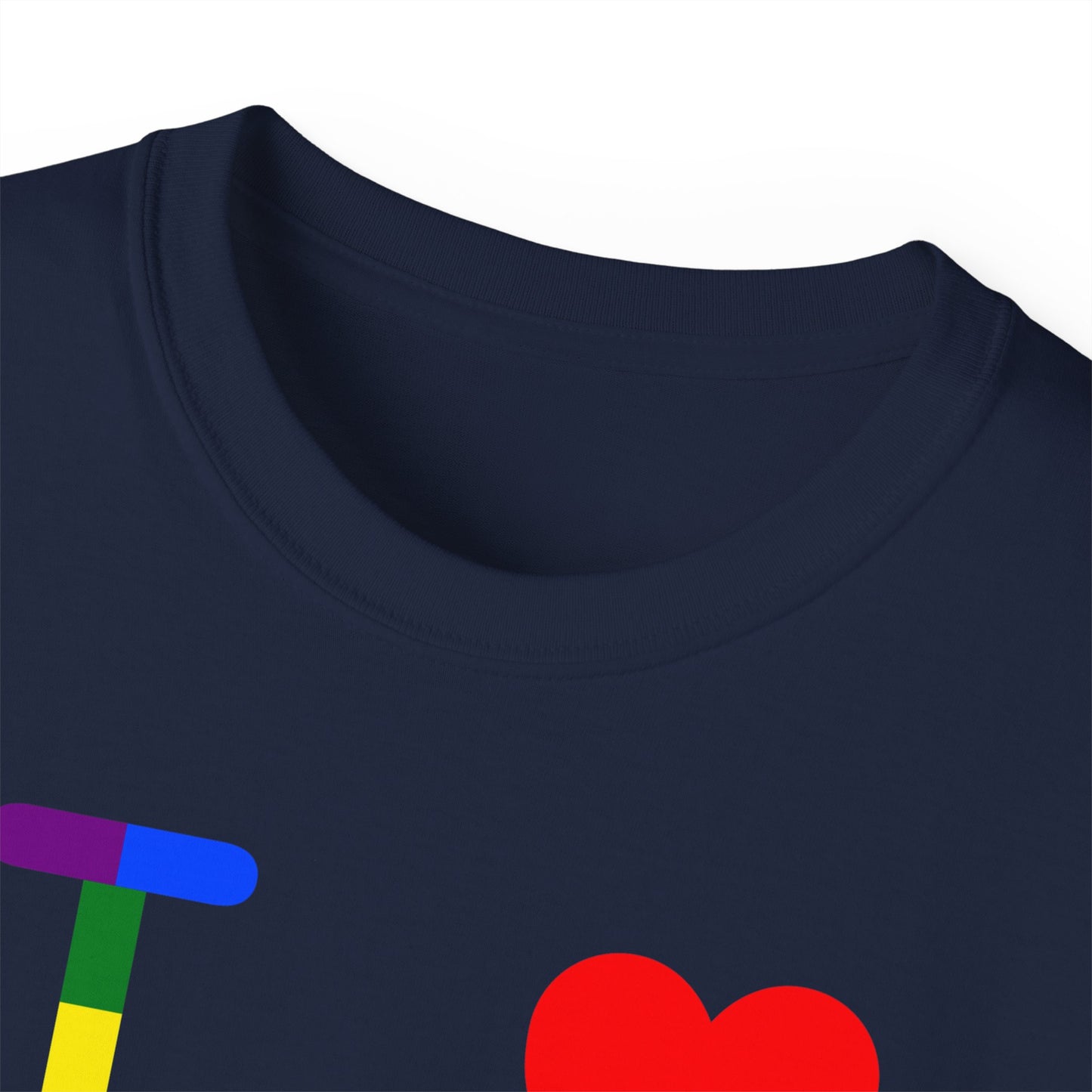 I Luv LongD negative vertical striped Hyde Park logo cotton tee (Pride colors)