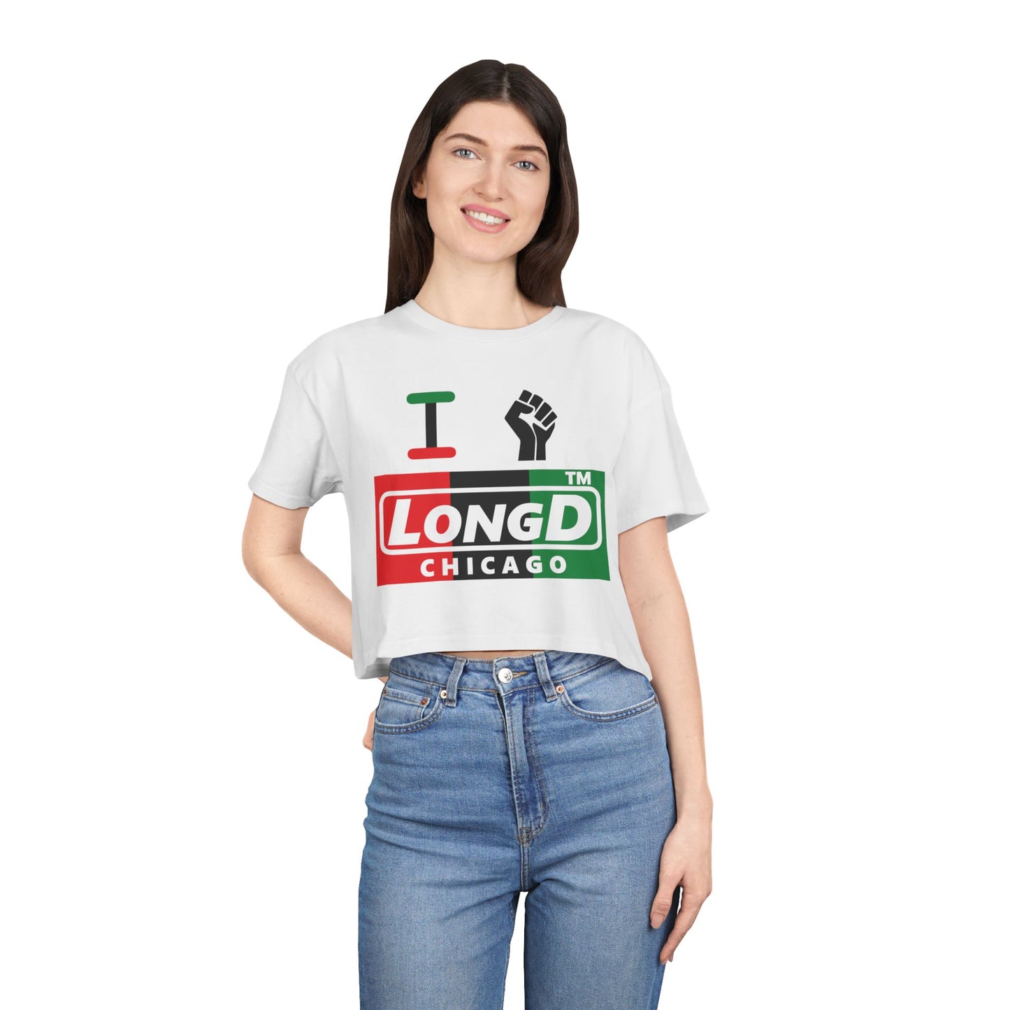 I fist LongD negative vertical 3-striped Chicago logo crop tee