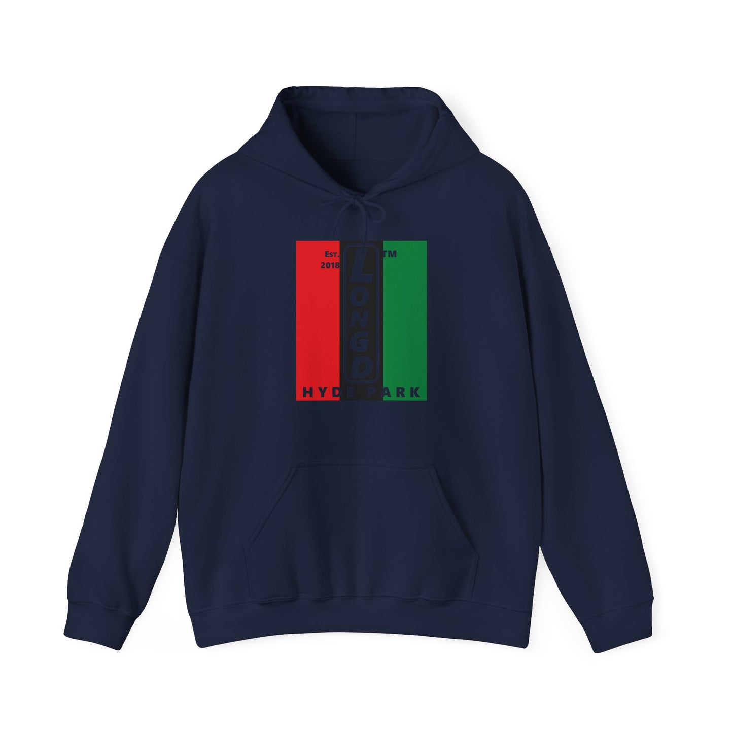 LongD® negative vertical 3-striped upright Hyde Park logo hoodie (Juneteenth colors)