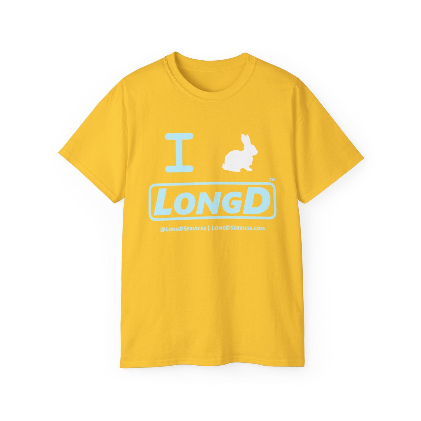 I Bunny LongD® Logo Cotton Tee Easter pastel blue text (white Easter Bunny)