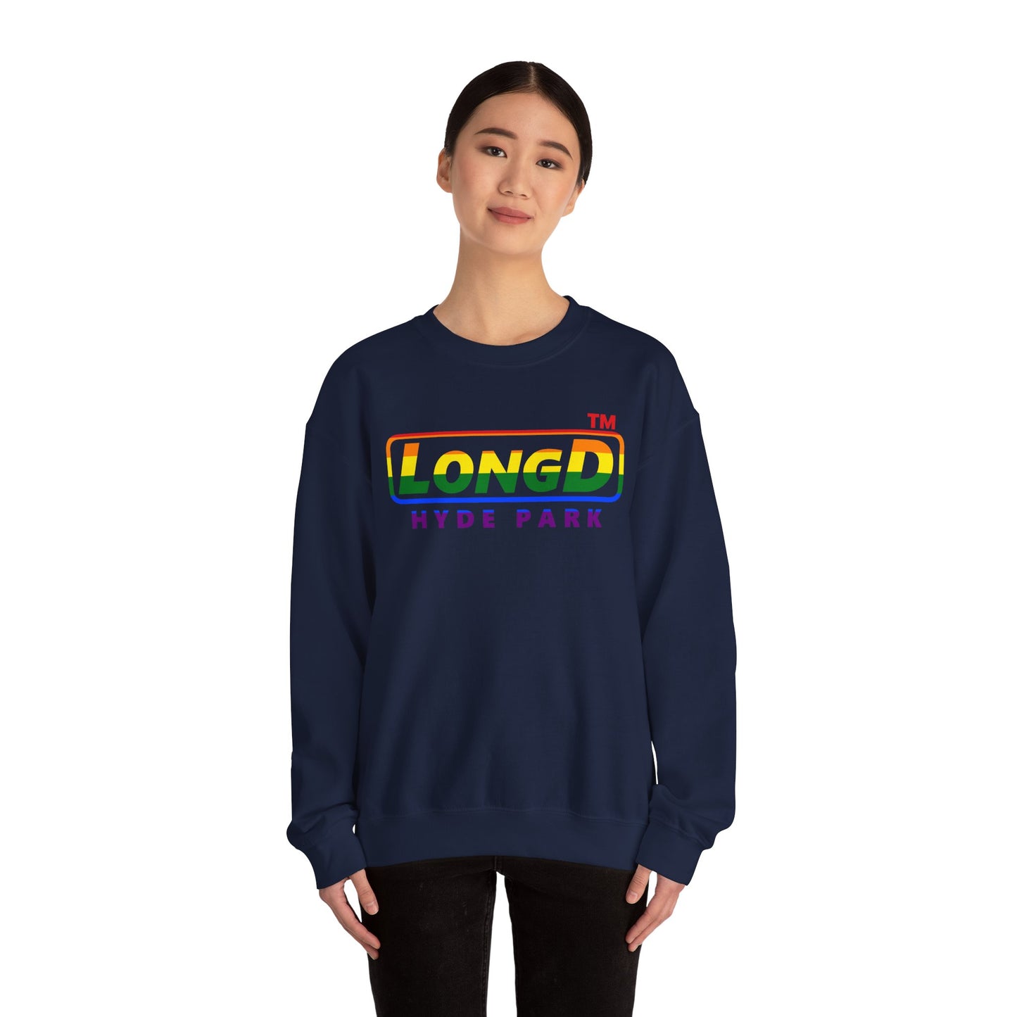 LongD positive horizontal striped Hyde Park logo crewneck sweatshirt (Pride colors)