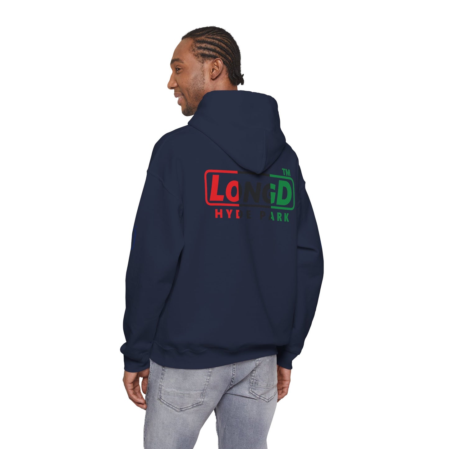 LongD® positive vertical 3-striped 4-print single-breasted Hyde Park logo Hoodie (Juneteenth colors)