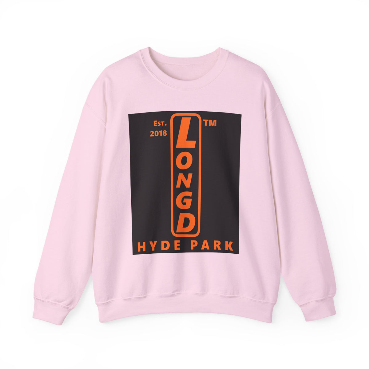 LongD Hyde Park upright front-back logo orange (FE7518) on Black (000000) crewneck sweatshirt