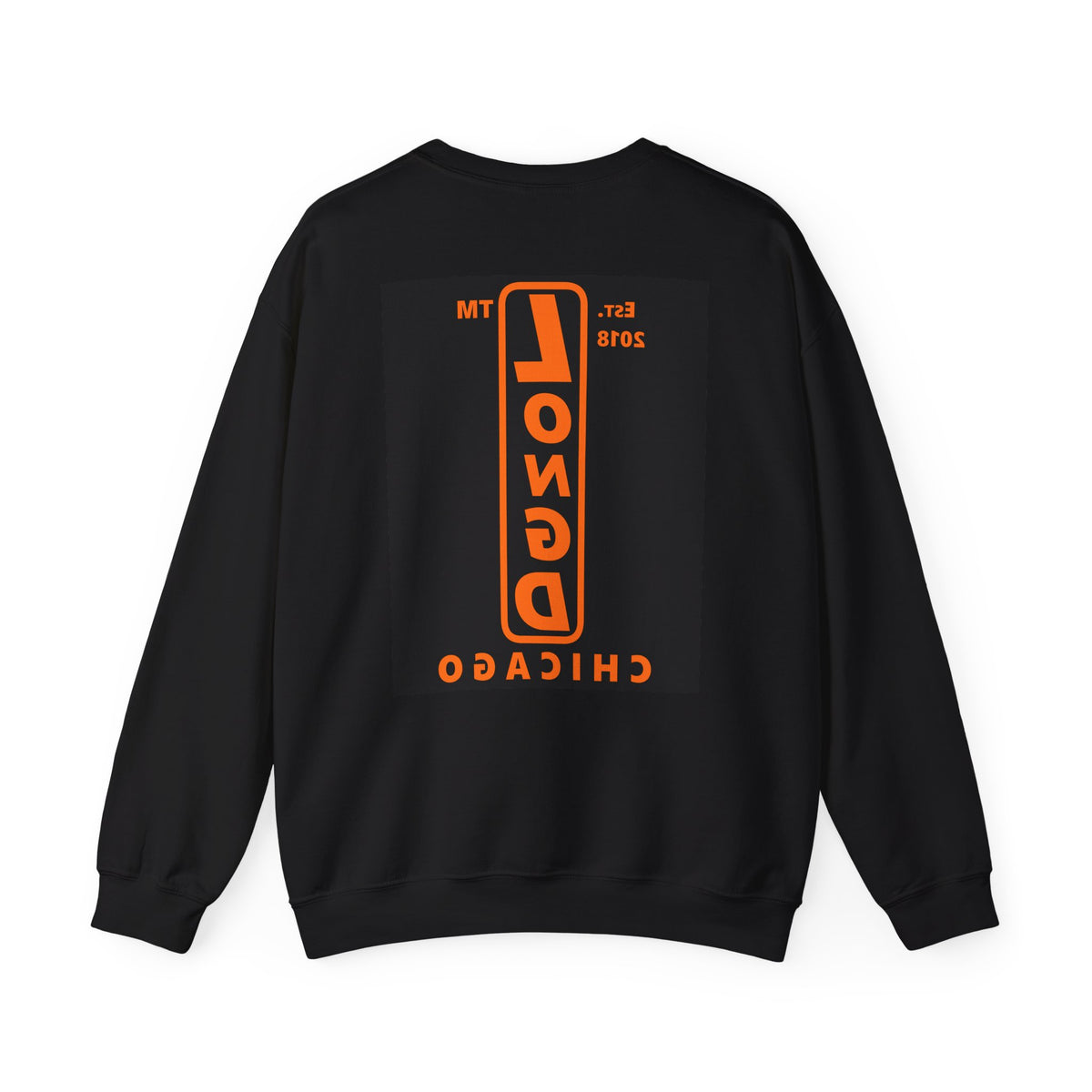 LongD Chicago upright front-back logo orange (FE7518) on Black (000000) crewneck sweatshirt