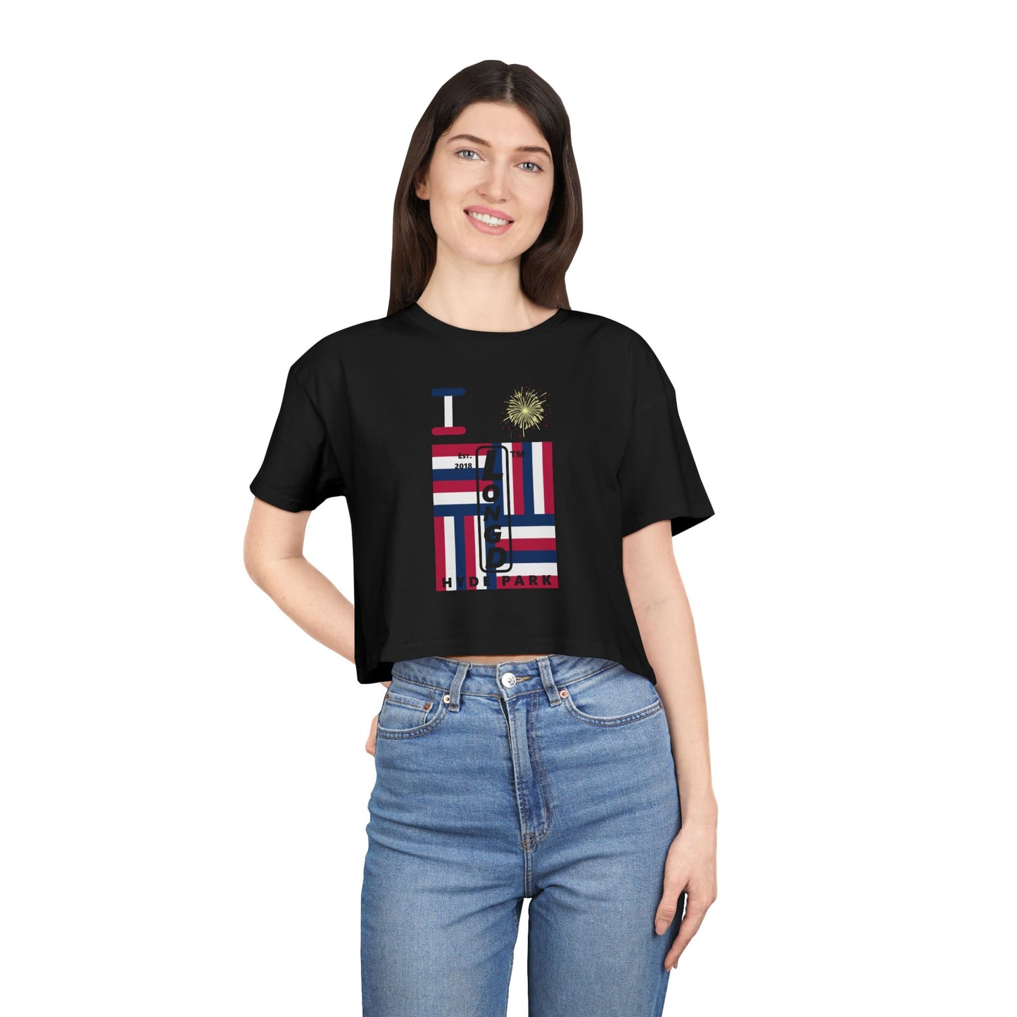 I burst LongD negative windmill upright front-reversed back Hyde Park logo crop tee