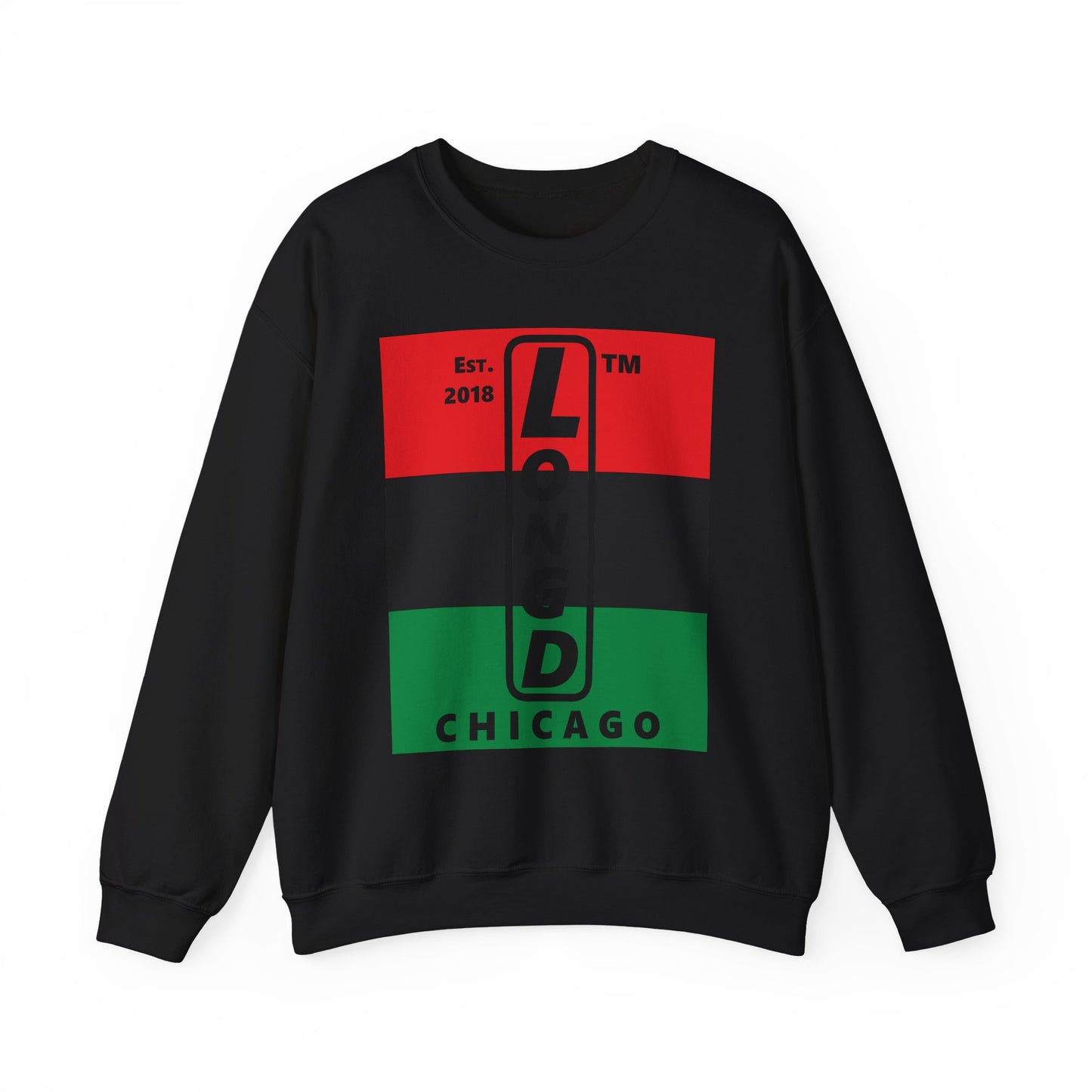 LongD negative horizontal 3-striped Chicago upright logo crewneck sweatshirt (Juneteenth colors)