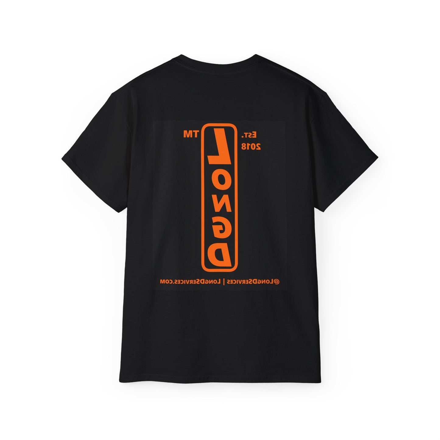 LongD Tag-domain upright front-back logo orange (FE7518) on Black (000000) cotton tee