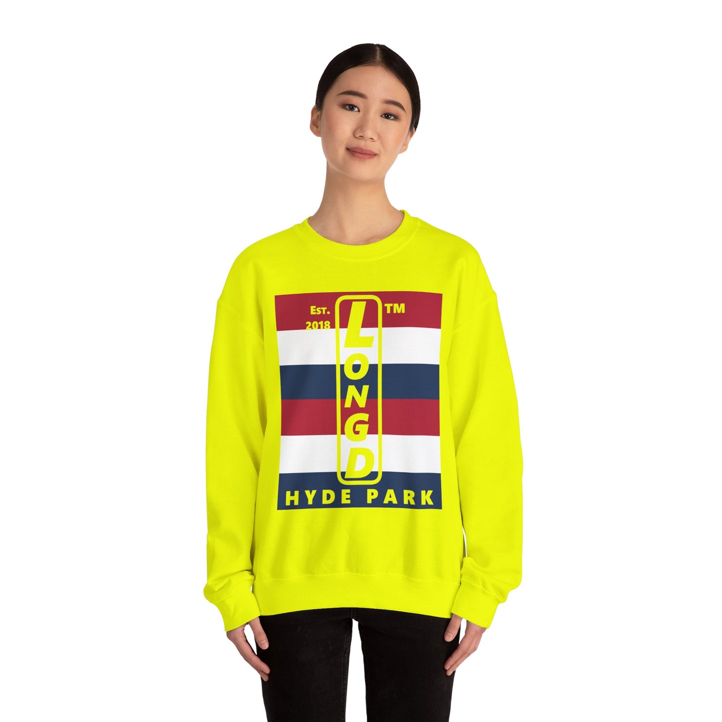 LongD negative horizontal 6-striped Hyde Park upright logo crewneck sweatshirt (patriotic colors)