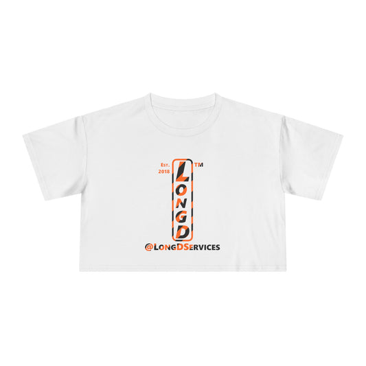 LongD Tag positive upright pixel-weighted 12-striped logo (Halloween colors) crop tee