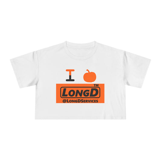 I pumpkin LongD Tag logo positive black on negative orange crop tee
