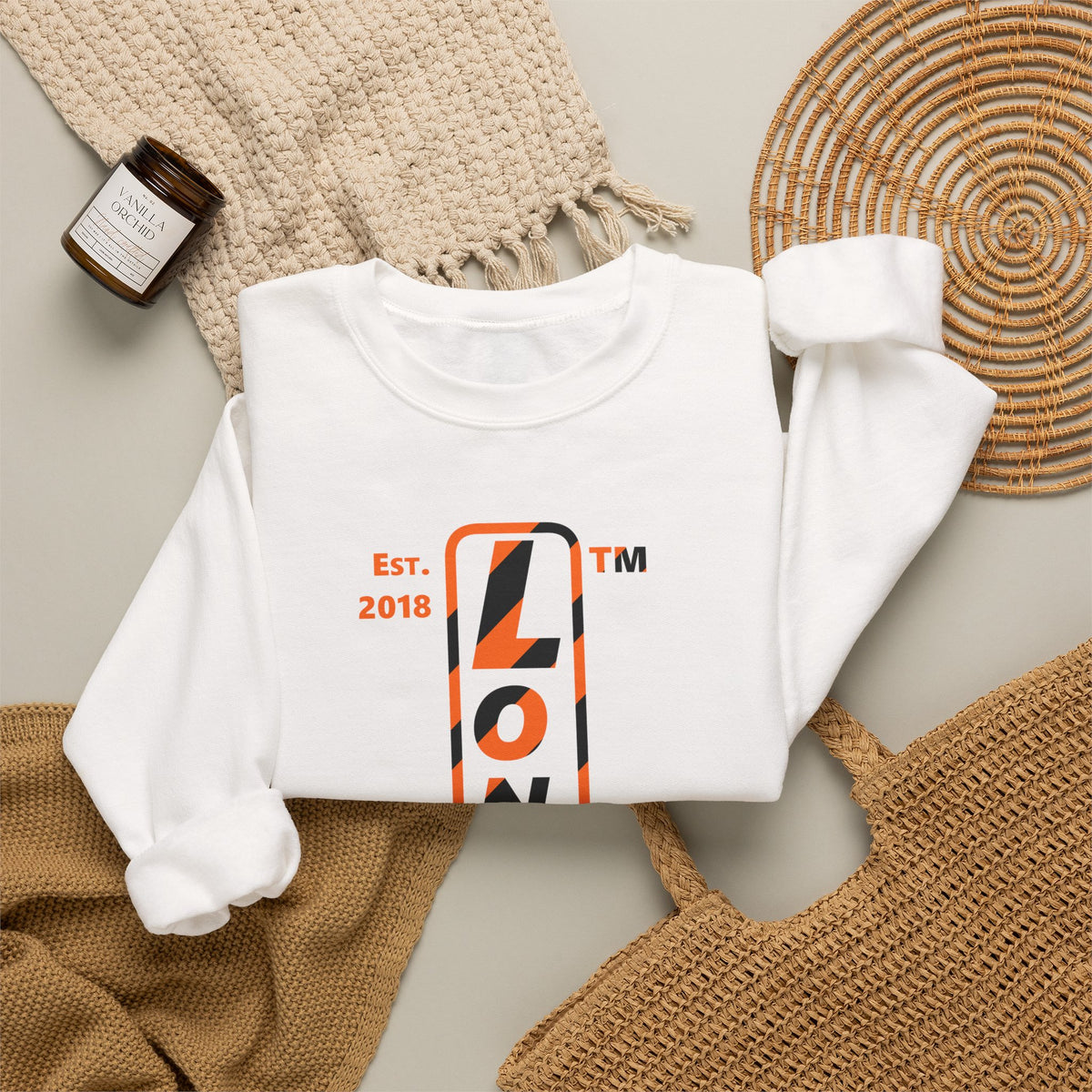 LongD Hyde Park positive upright pixel-weighted 12-striped logo (Halloween colors) crewneck sweatshirt