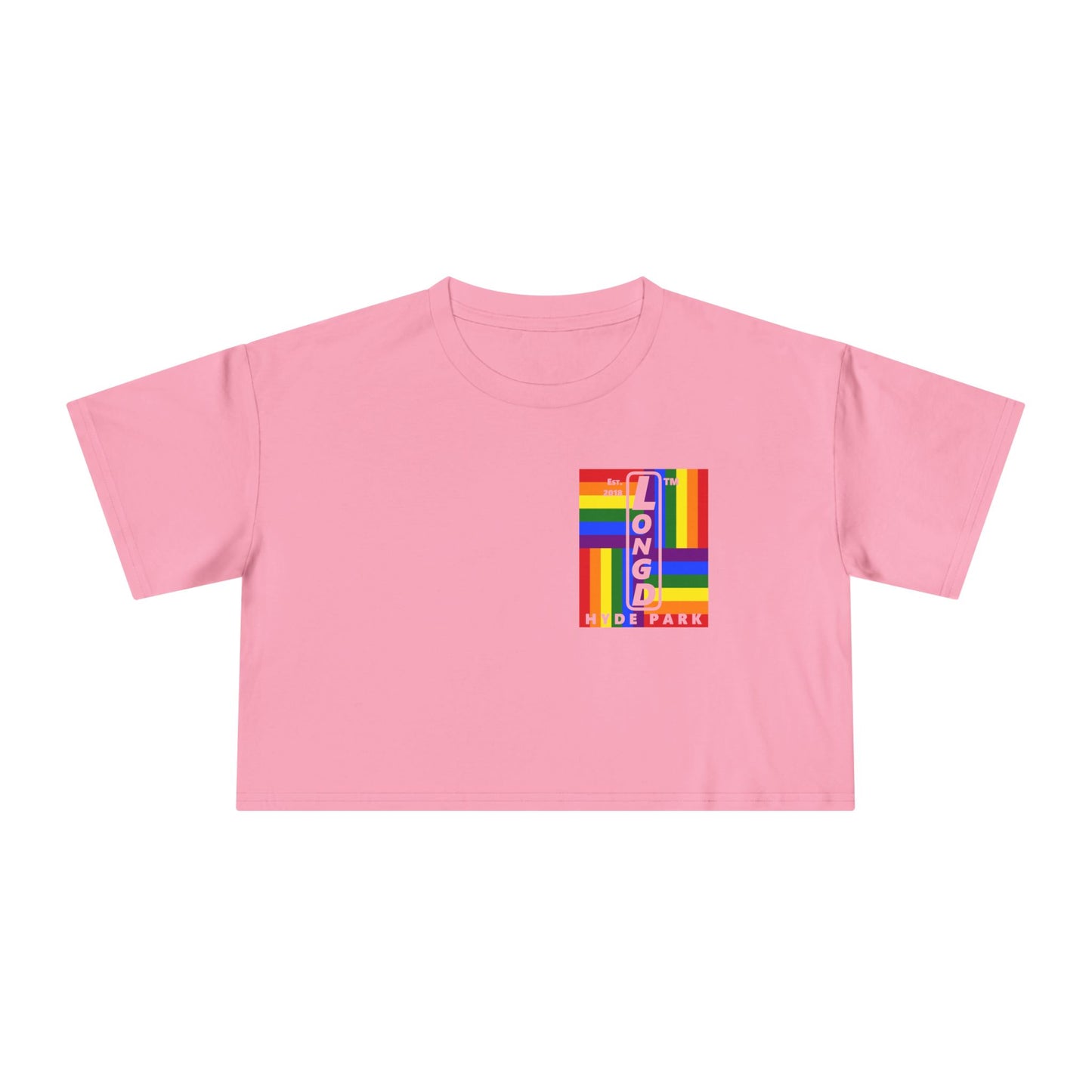 Negative windmill upright single-breasted Hyde Park logo crop tee (Pride colors)