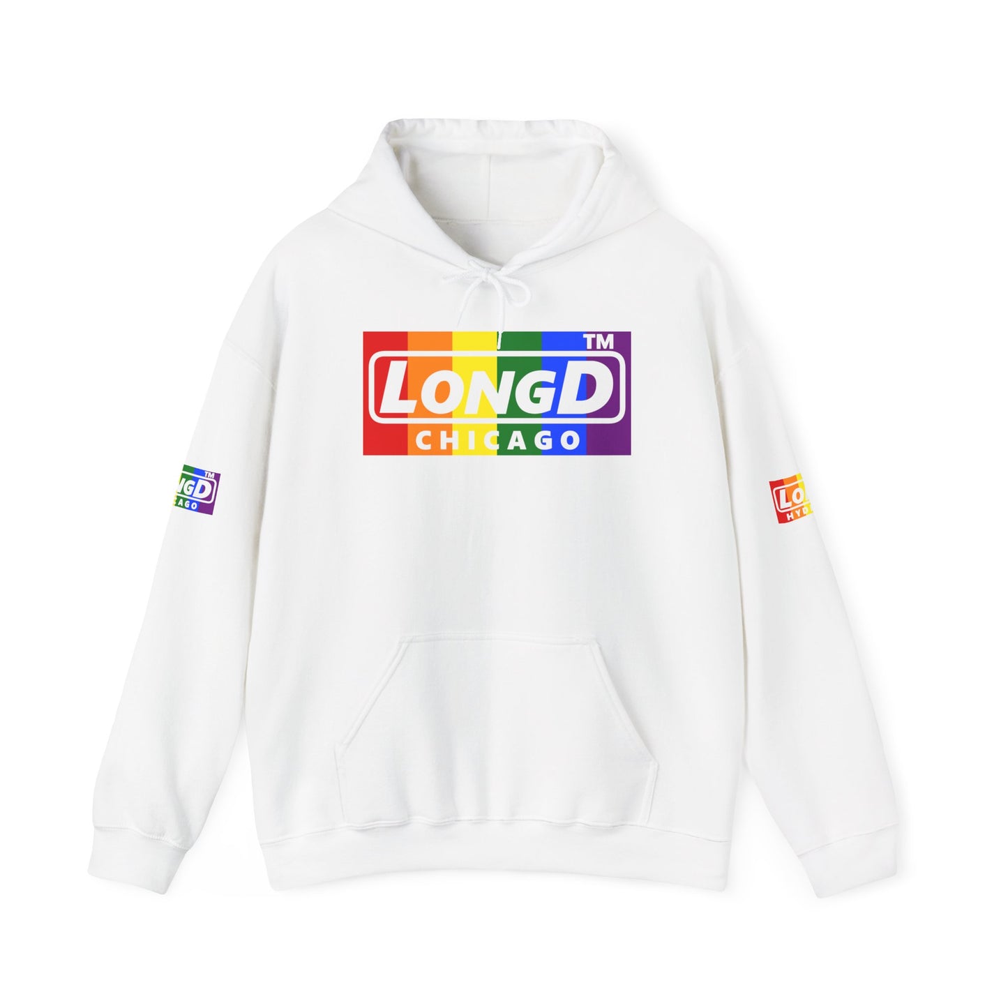 LongD® negative vertical striped 4-print Chicago logo hoodie (Pride colors)
