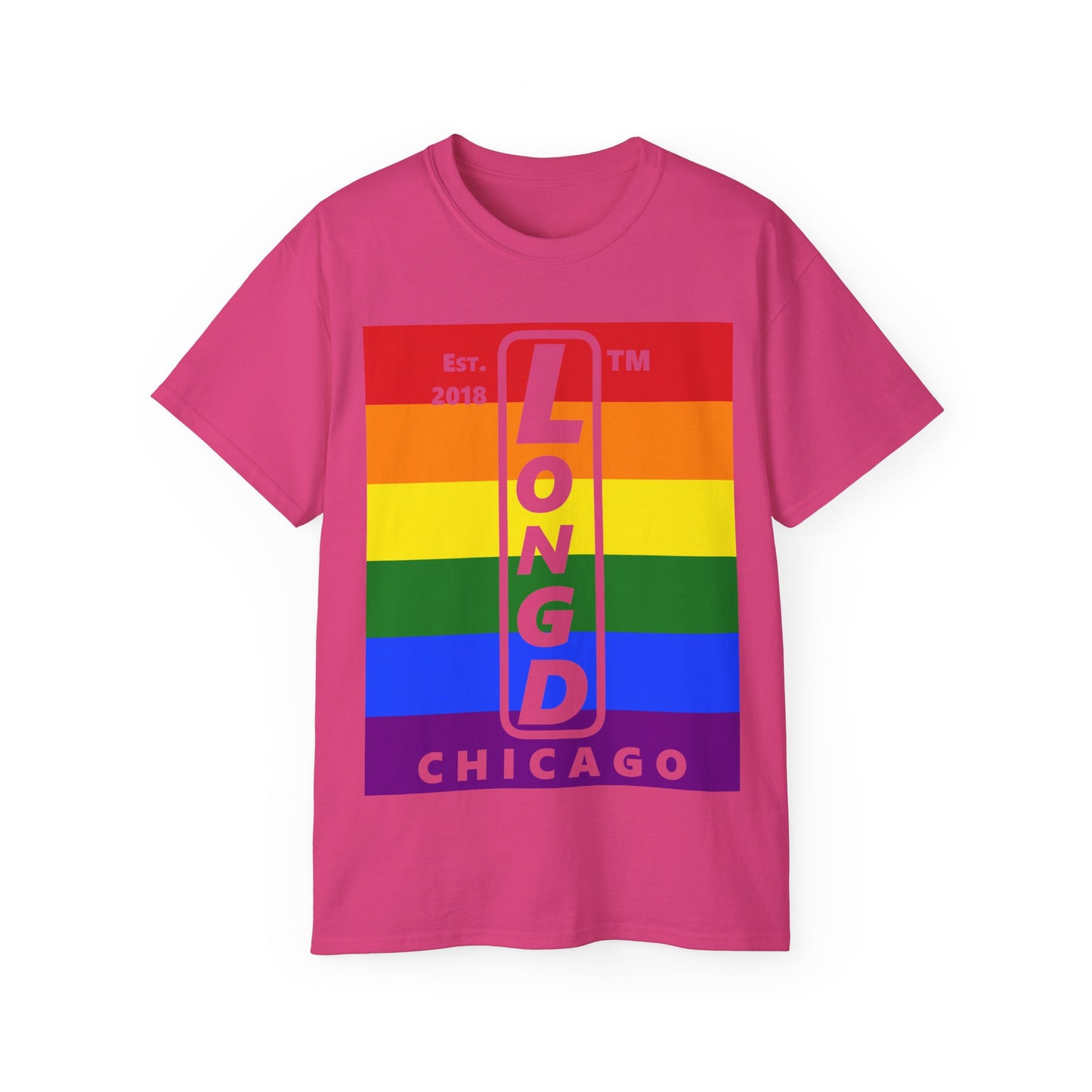LongD Cotton Tee negative horizontal striped Chicago upright logo (Pride colors)