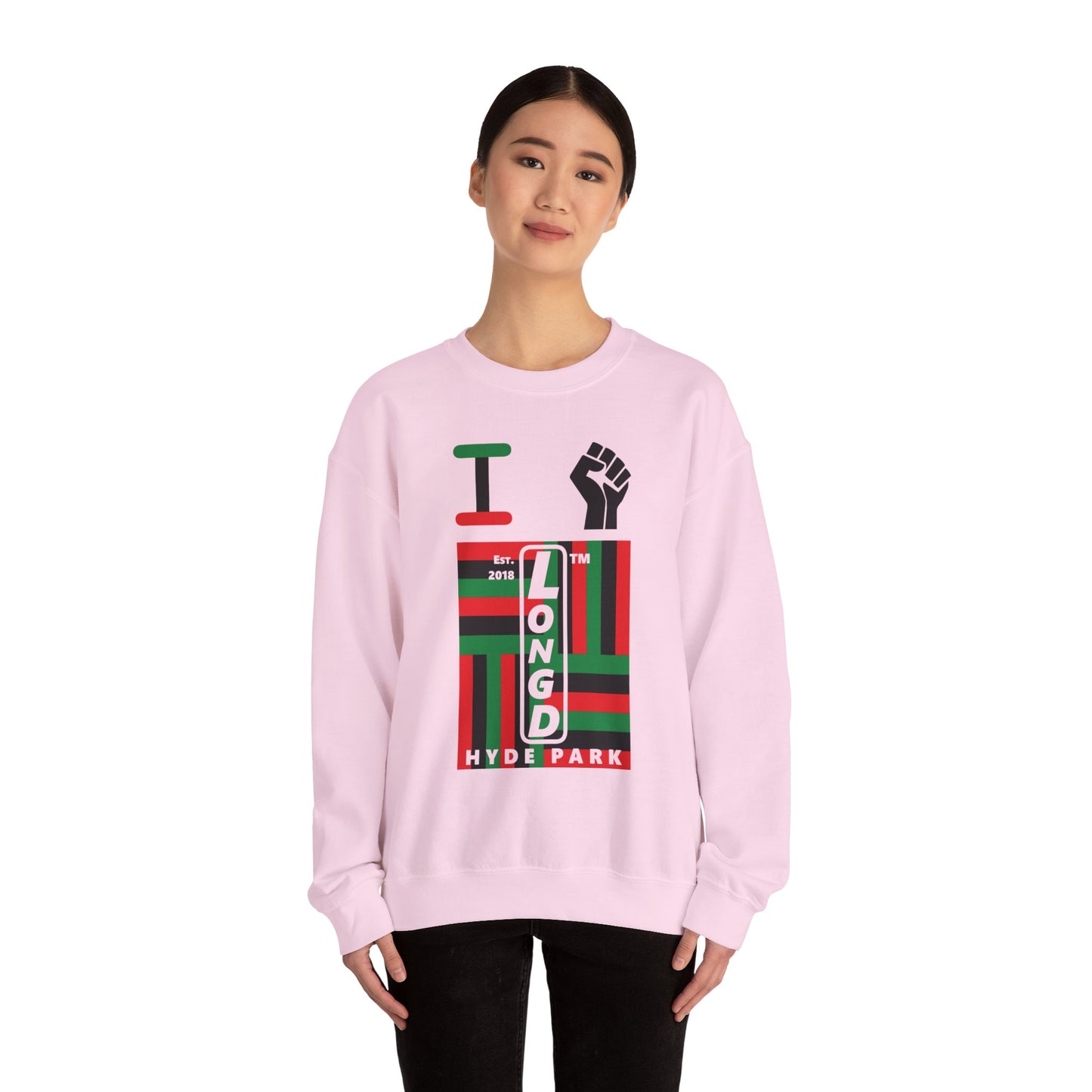 I Fist LongD negative windmill Hyde Park upright front-back logo crewneck sweatshirt