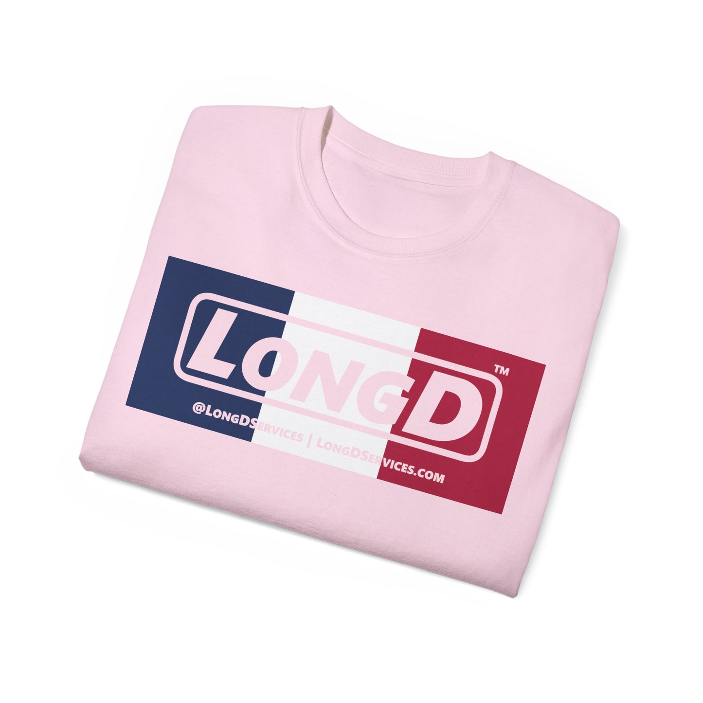 LongD® Logo Cotton Tee Blue, White and Red negative thirds text