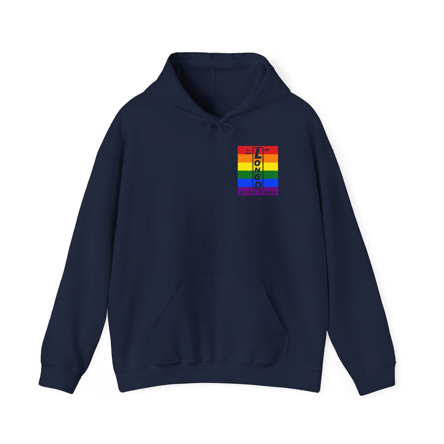 LongD single-breasted negative vertical 6-striped front-back upright Hyde Park logo hoodie (Pride colors)