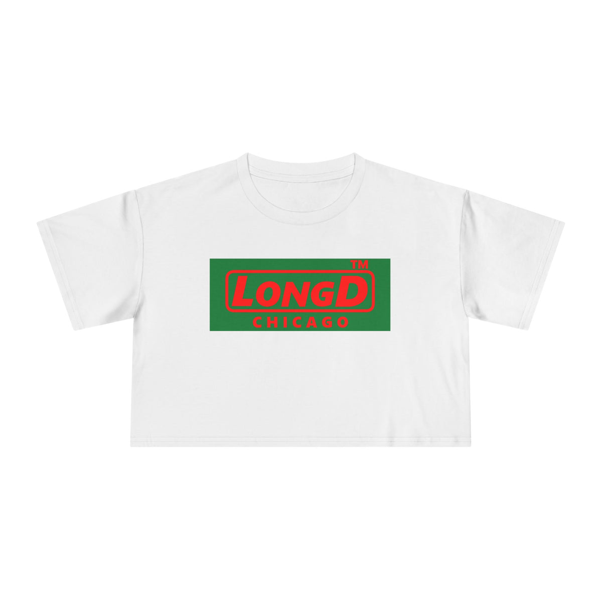LongD Chicago logo positive red on negative green (Xmas colors) crop tee