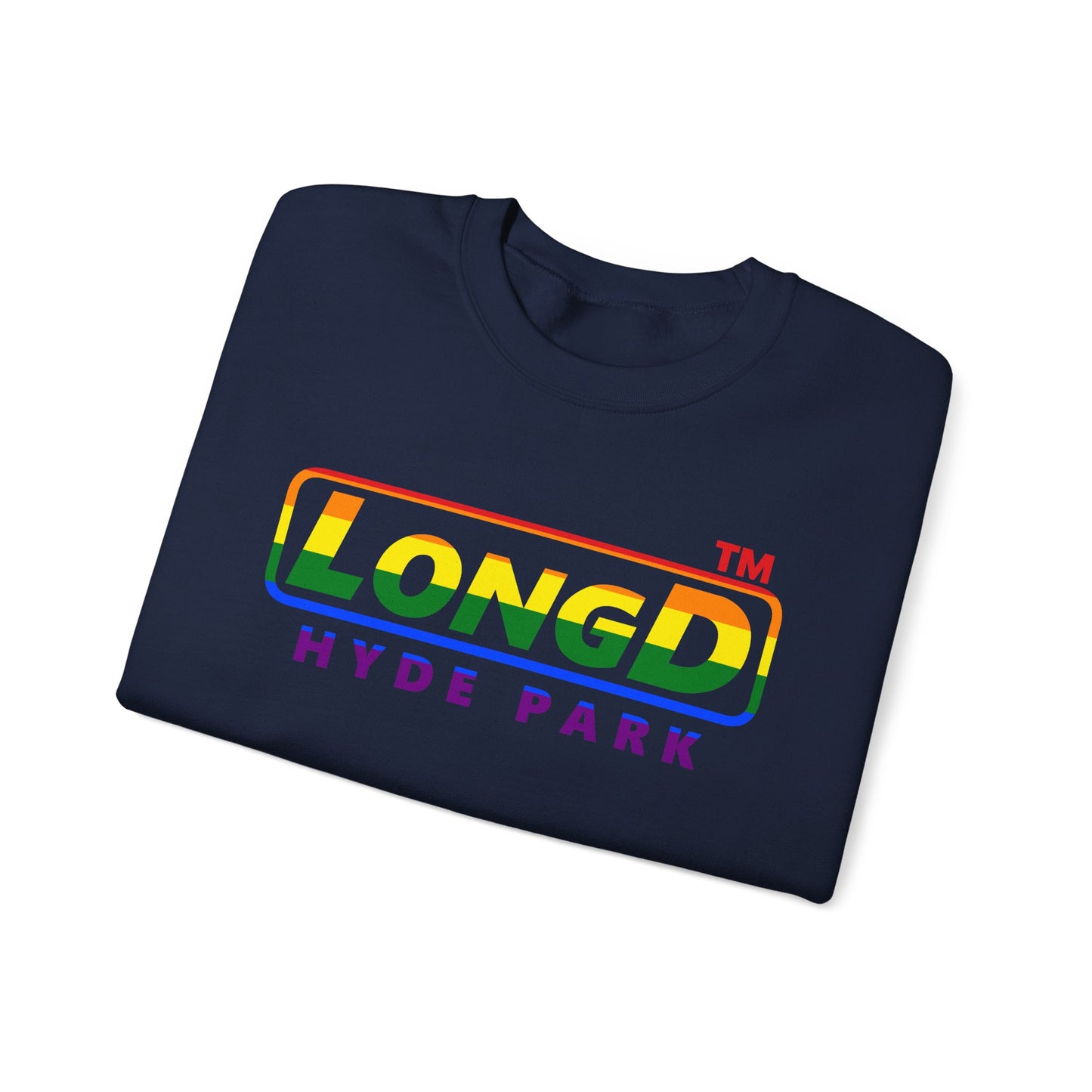 LongD positive horizontal striped front-back Hyde Park logo crewneck sweatshirt (Pride colors)