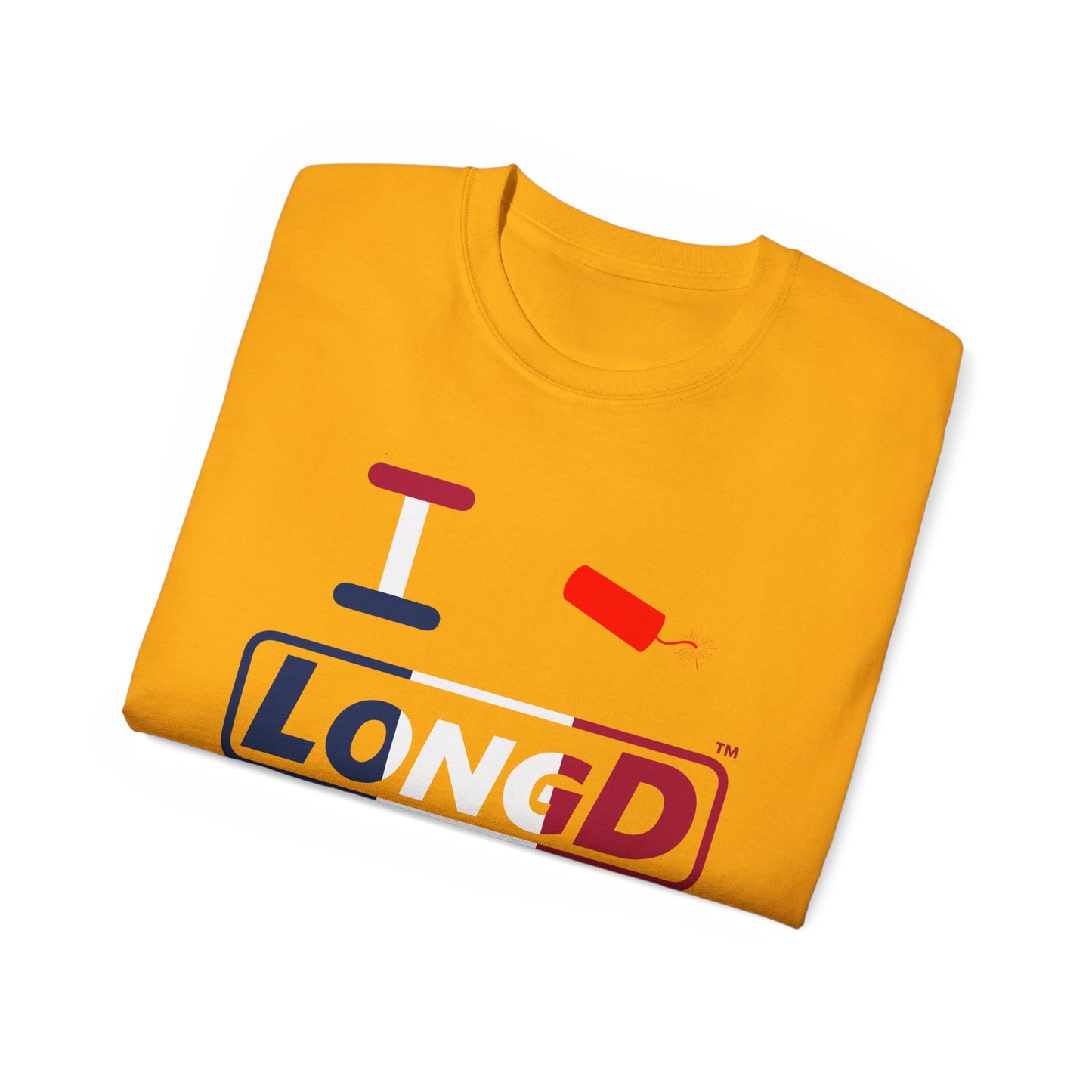 I Firecracker LongD® Logo Cotton Tee Blue, White and Red positive thirds text