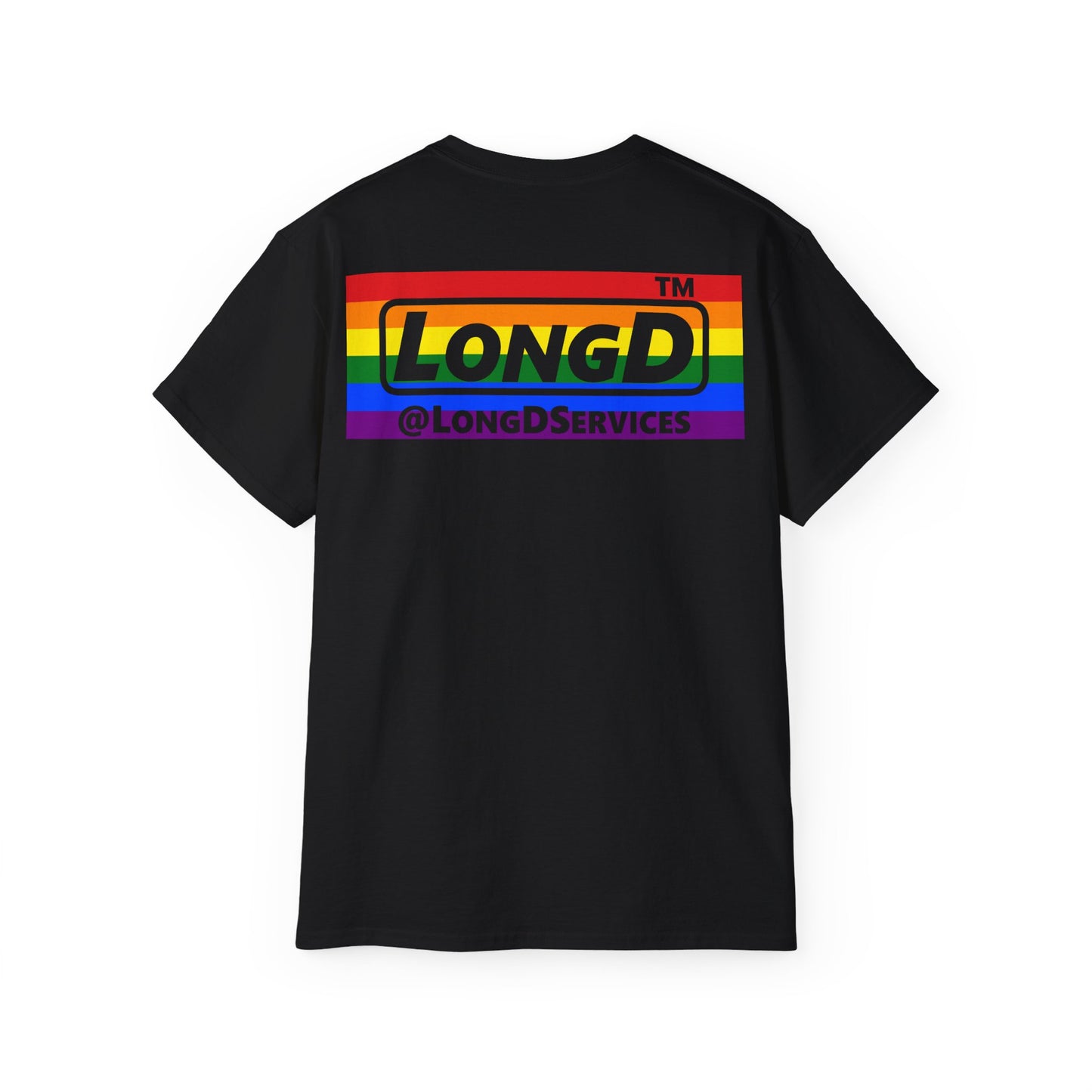 I Luv LongD negative horizontal striped front-back Chicago logo cotton tee (Pride colors)