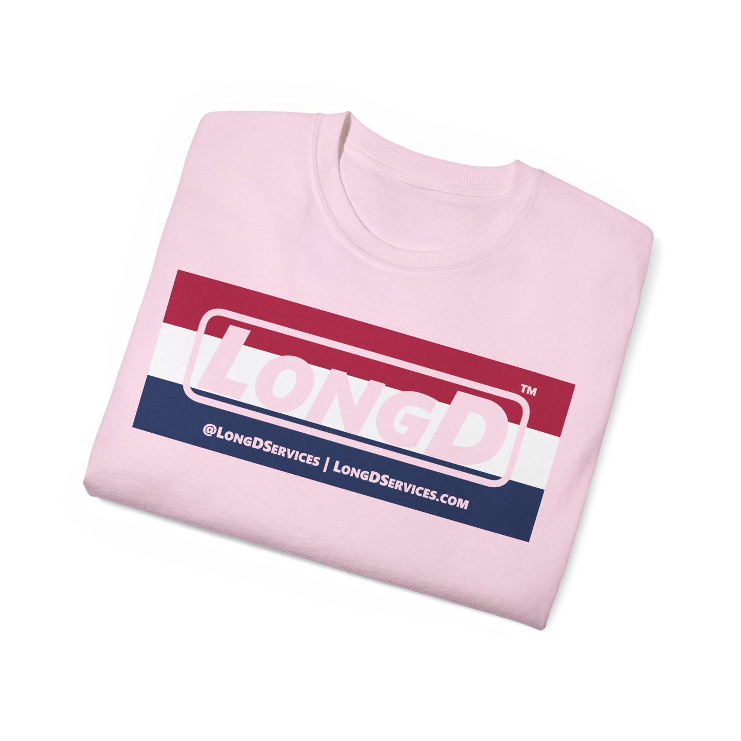 LongD® Logo Cotton Tee Red, White and Blue striped thirds negative text