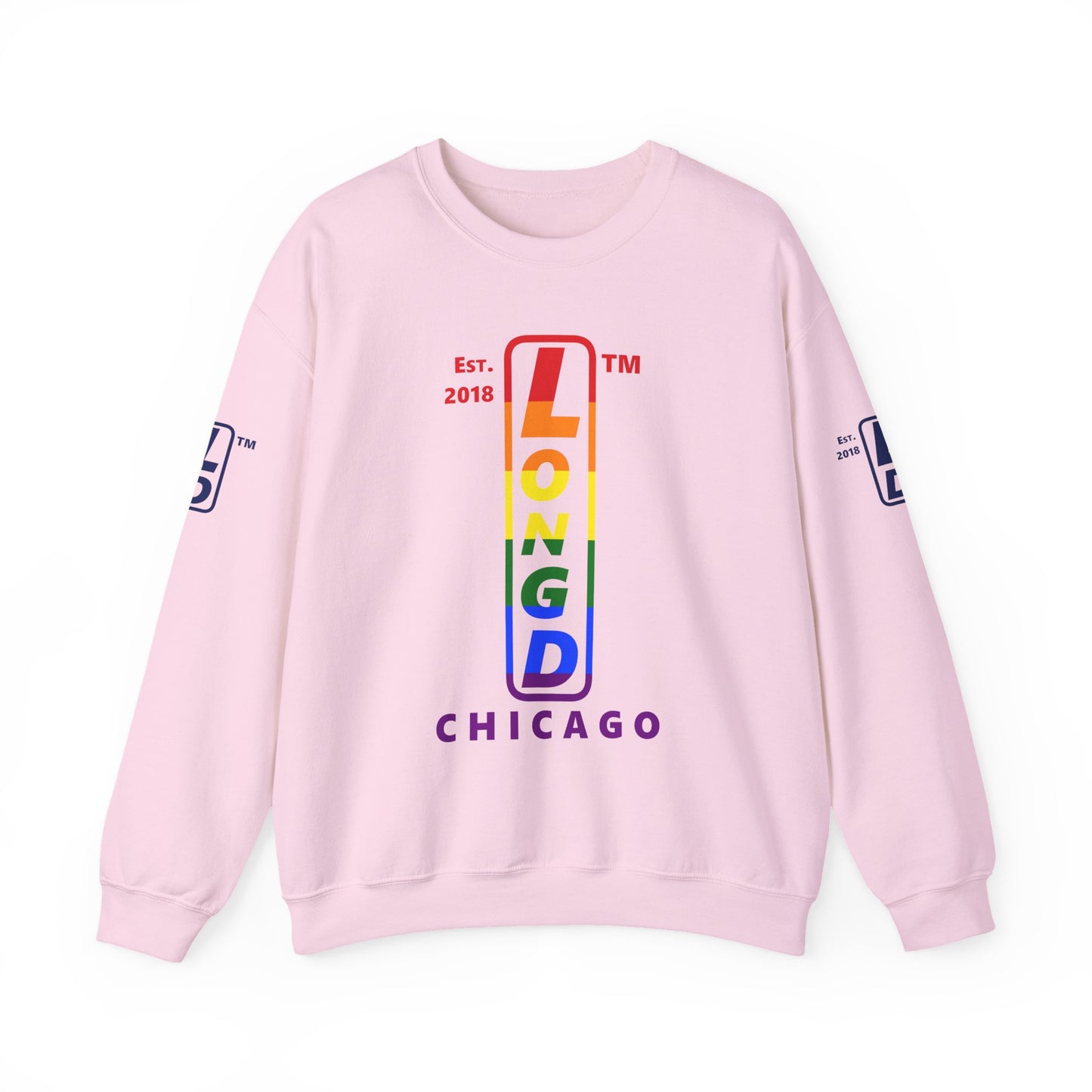 LongD positive horizontal 6-striped Chicago 4-print upright logo crewneck sweatshirt (Pride colors)