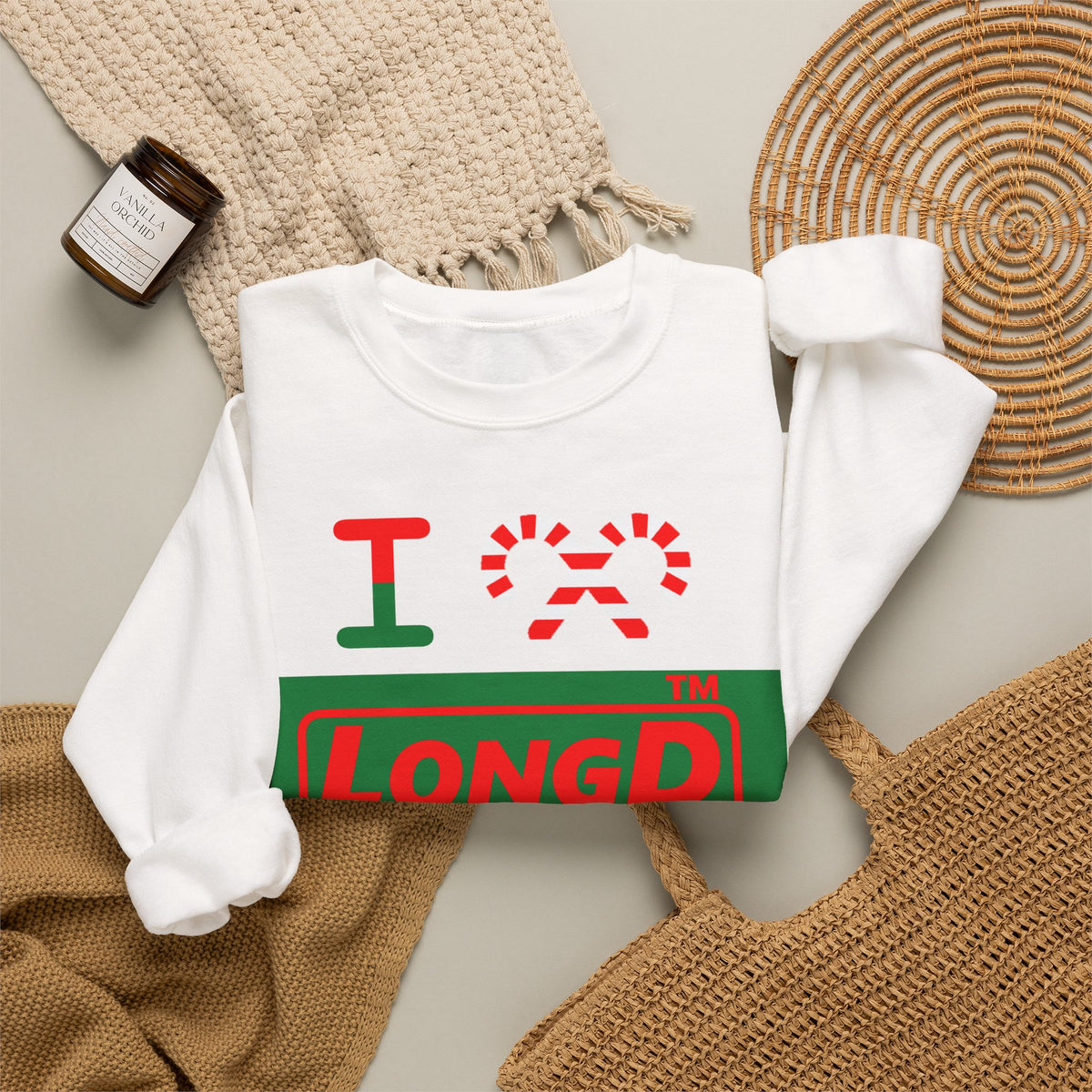 I candy cane LongD Chicago logo positive red on negative green crewneck sweatshirt